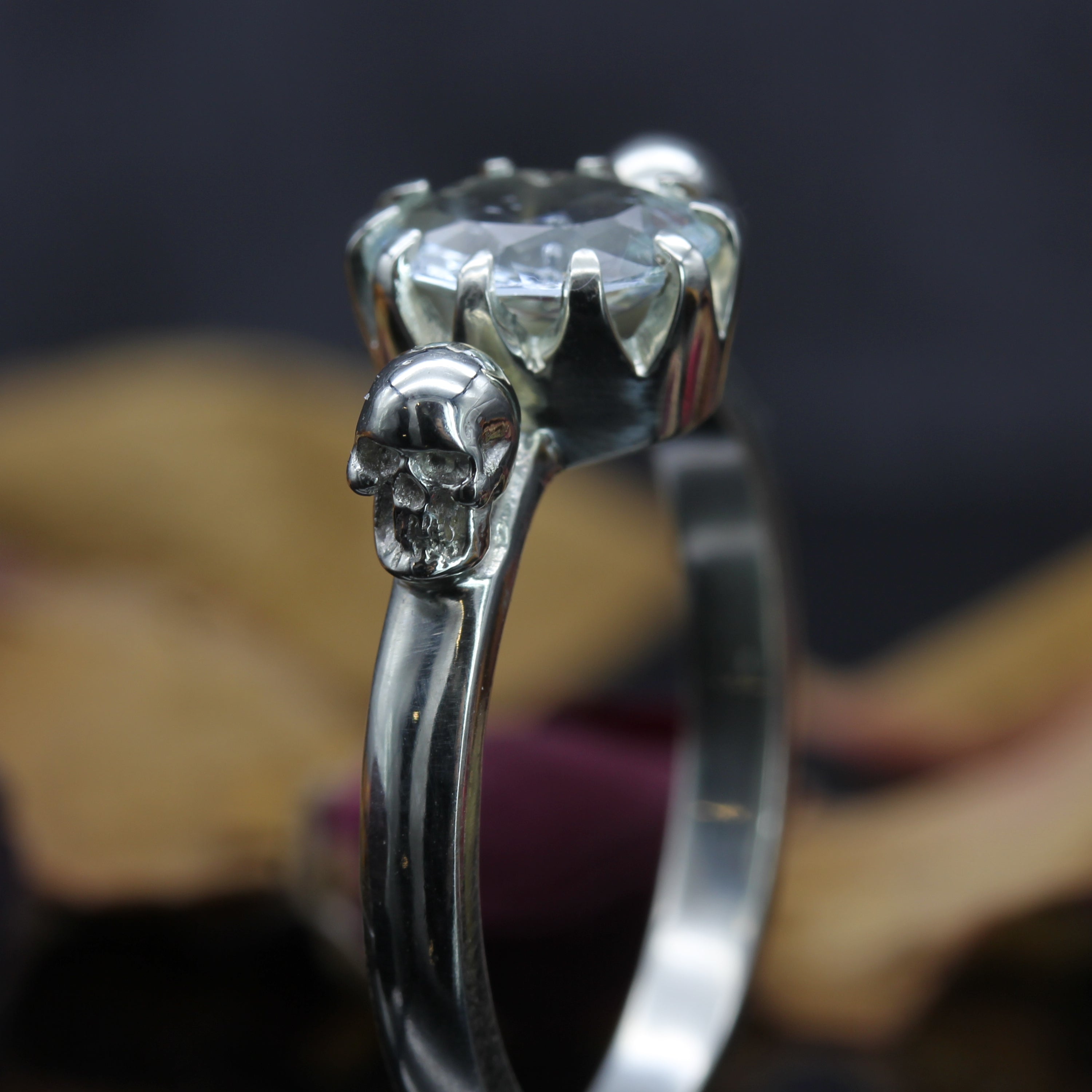 White Gold Aquamarine Skull Engagement Ring