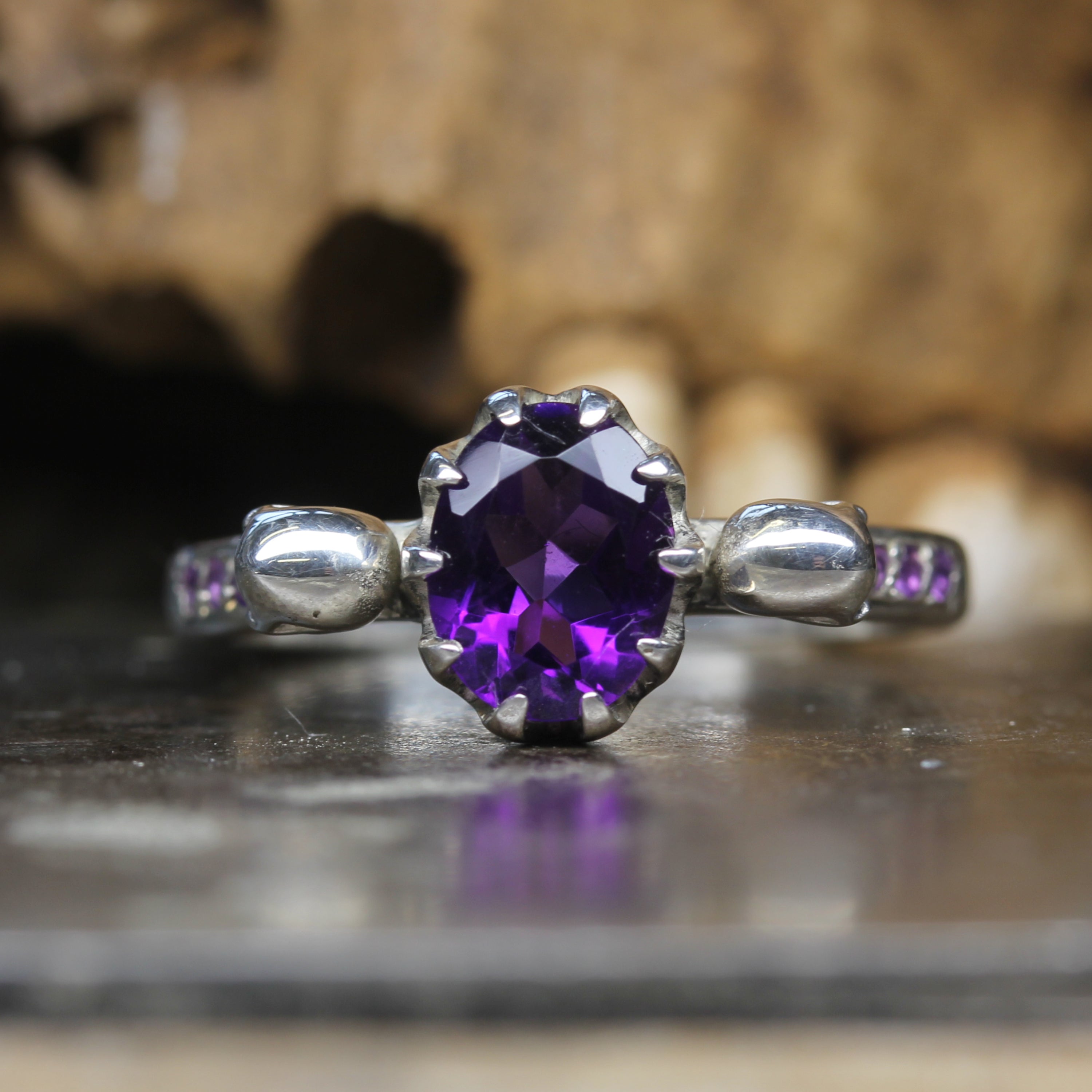 Amethyst Oval Silver Skull Engagement Ring