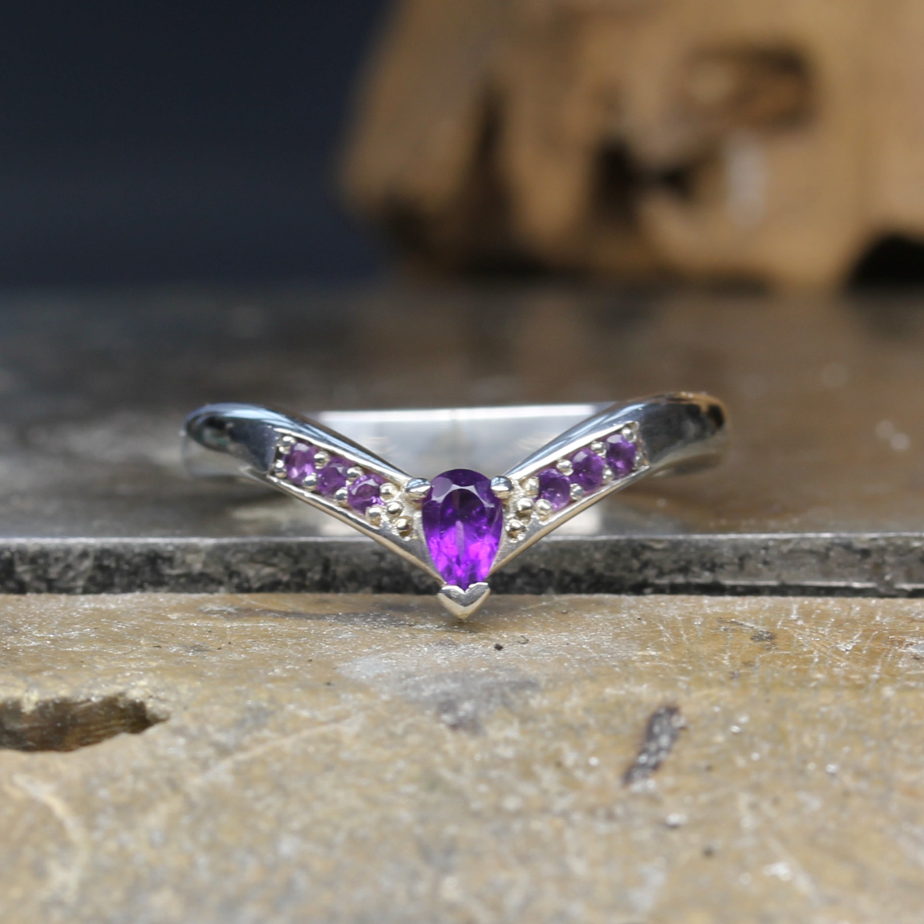 Silver Wishbone Wedding Ring set with Amethysts