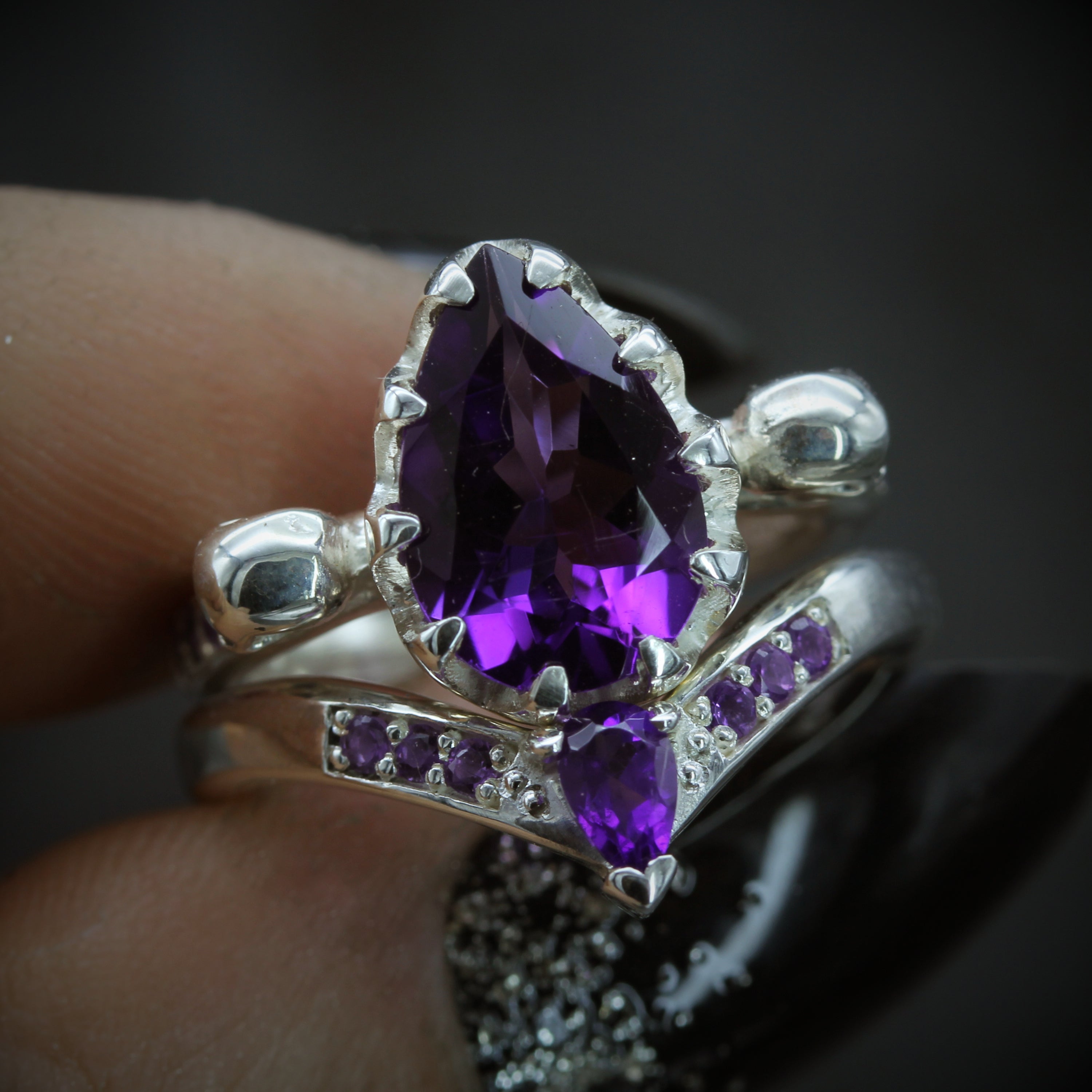 Amethyst Gothic Skull Engagement Ring and Wishbone Wedding Ring