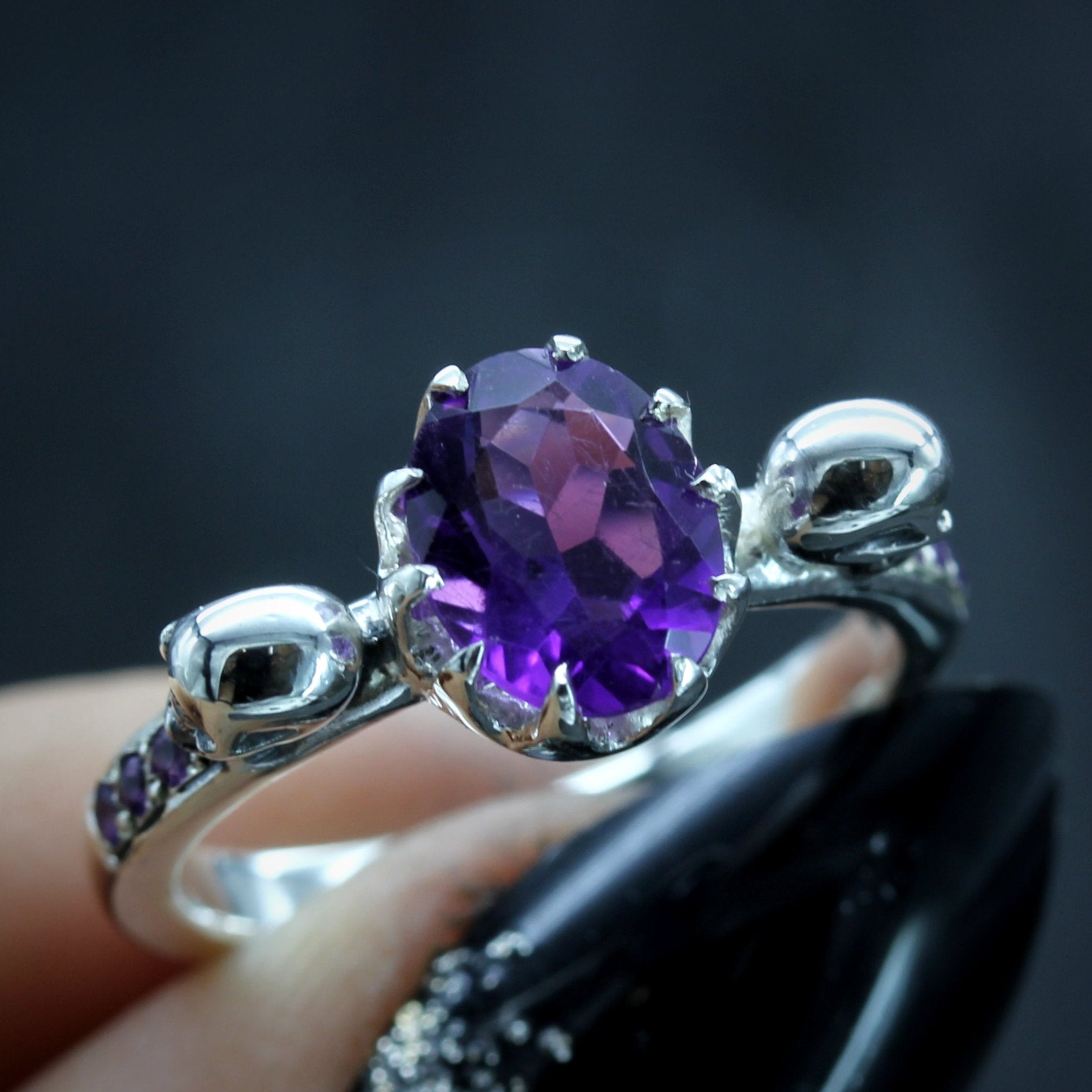 Oval Amethyst Skull Engagement Ring