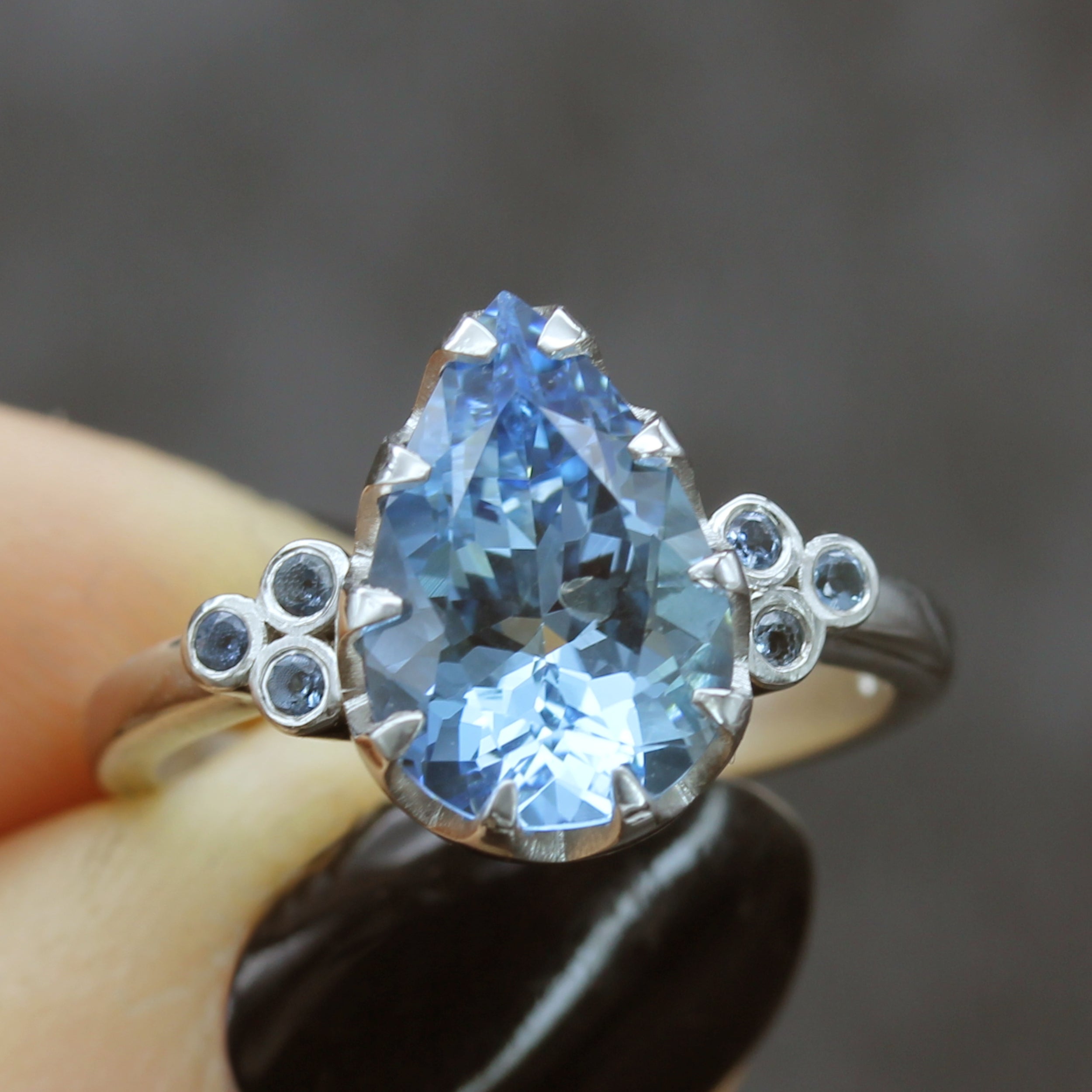 Pear Cut Aquamarine Engagement Ring, with trefoil shoulders