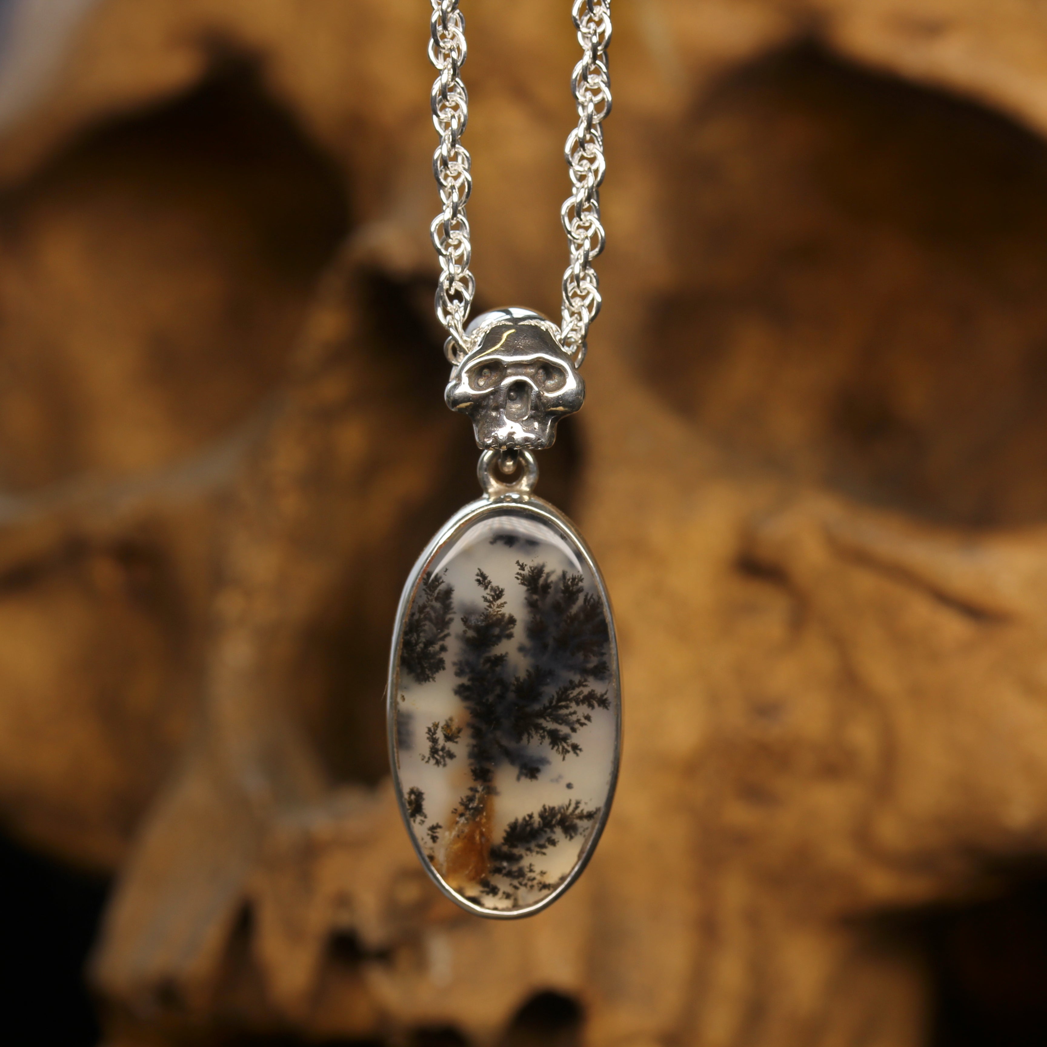 Silver Skull Necklace with Dendritic Agate Pendant Gothic Jewellery