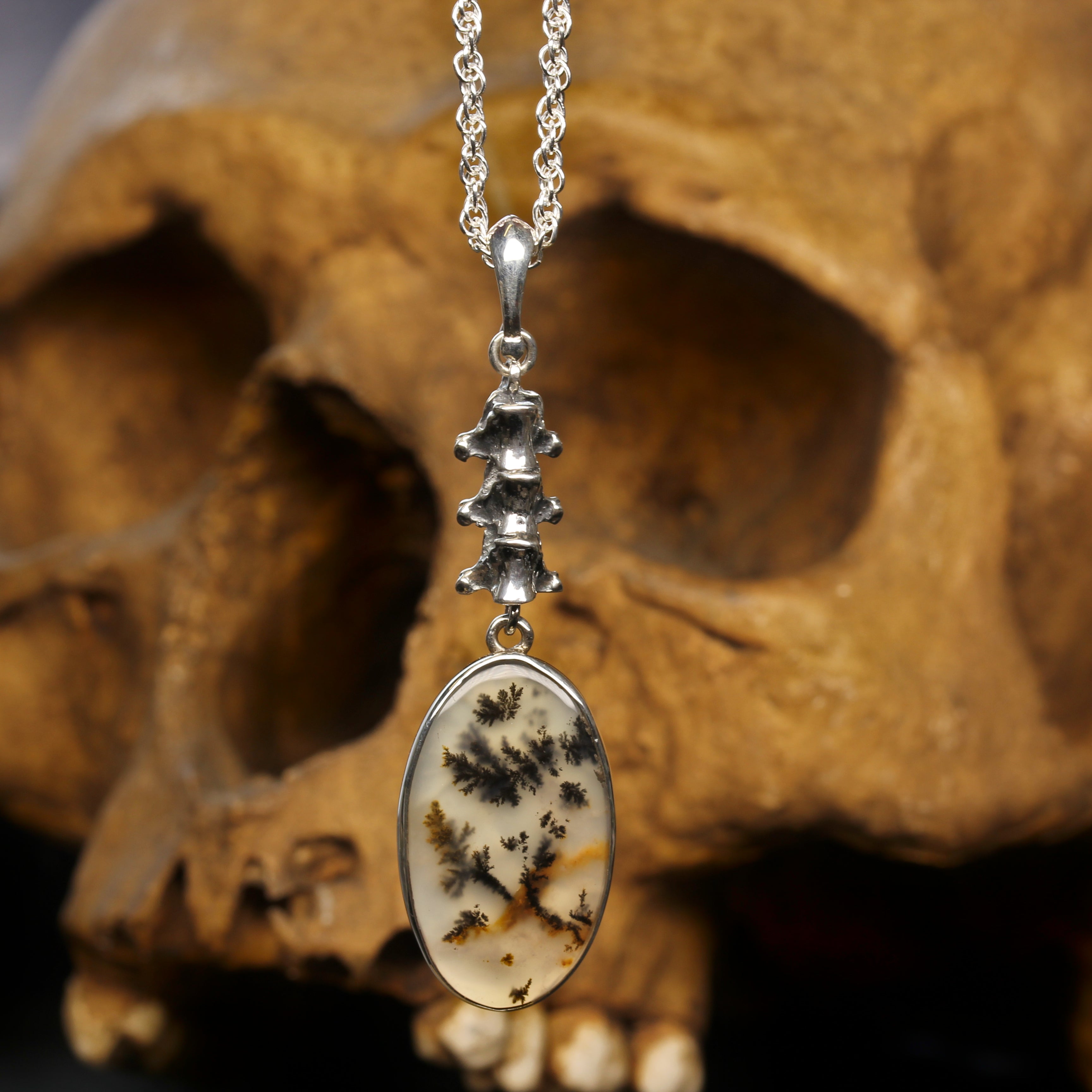 Silver Spine Necklace with Dendritic Agate Pendant Gothic Jewellery