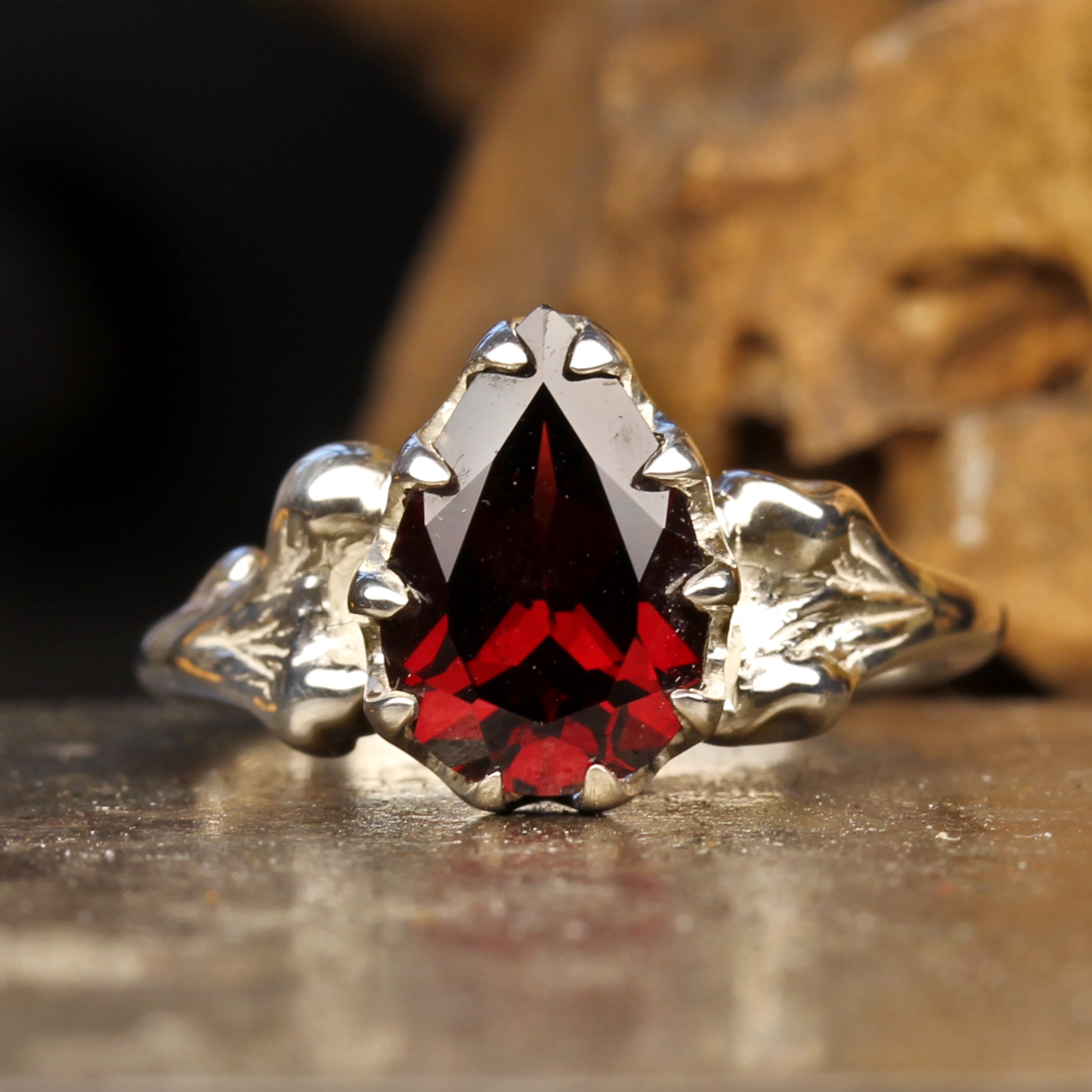 Silver Bone Engagement set with Pear Cut Red Garnet Bone