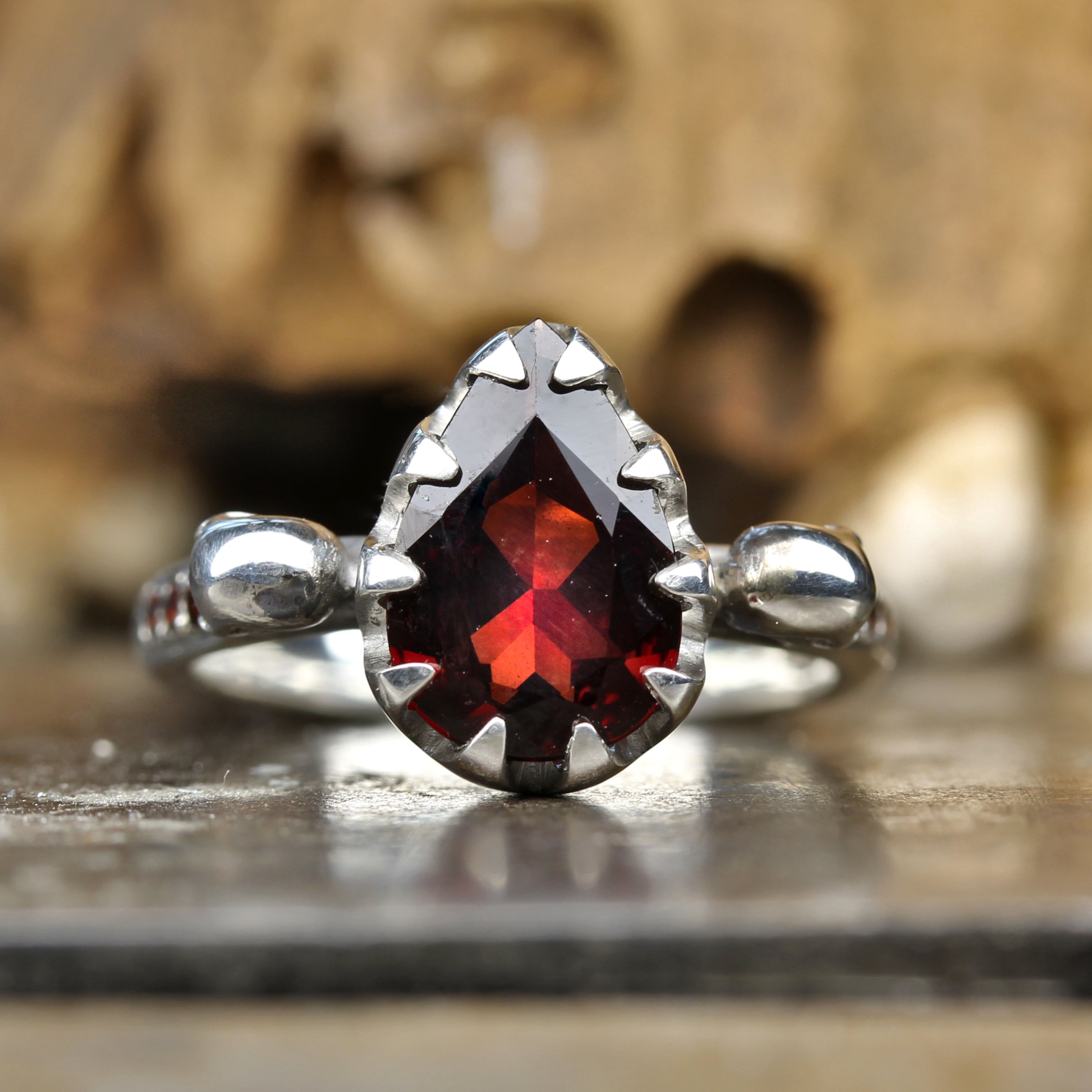 Silver Skull Engagement Ring with Pear Cut Red Garnet. Gothic Jewellery