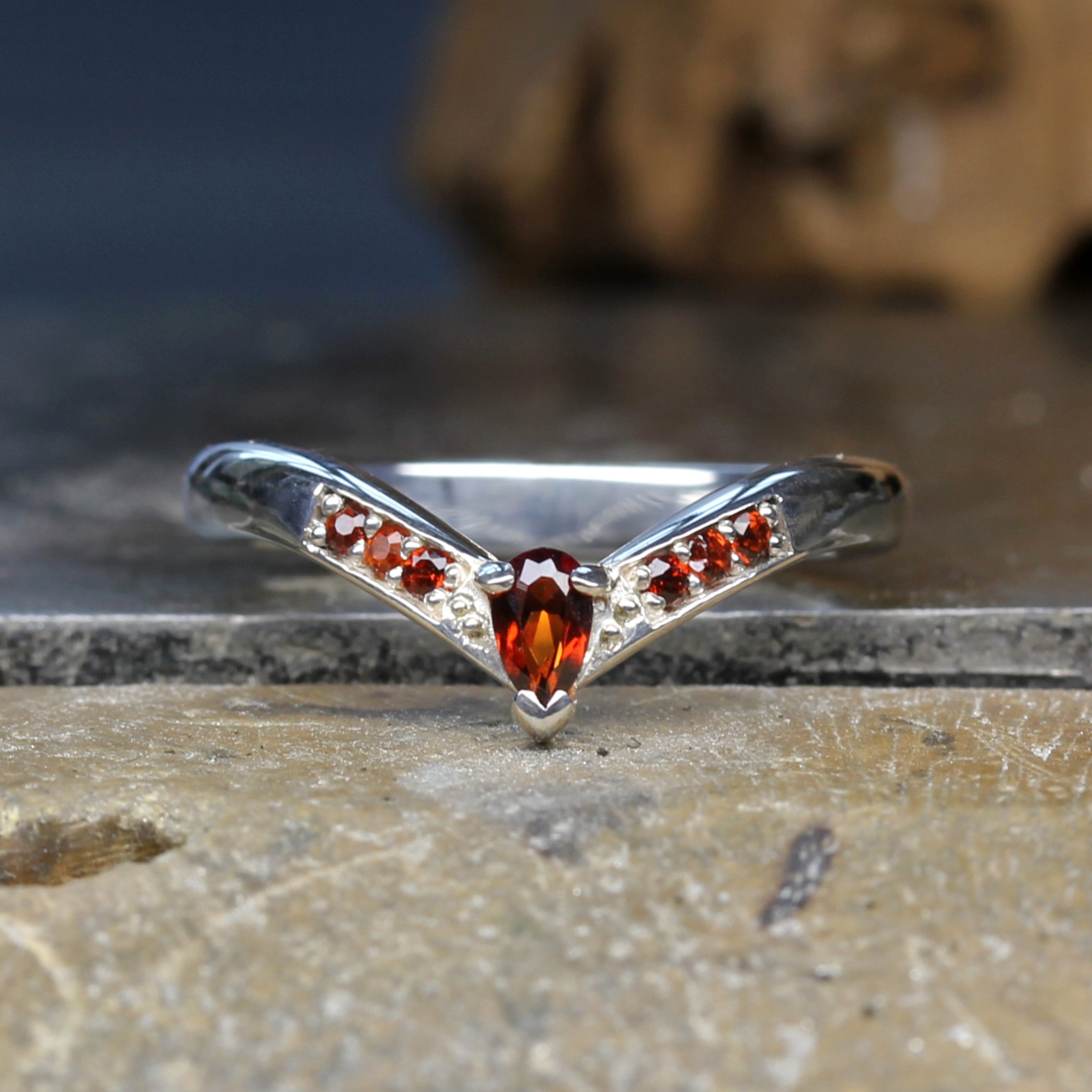 Garnet Gothic Wishbone Wedding Ring