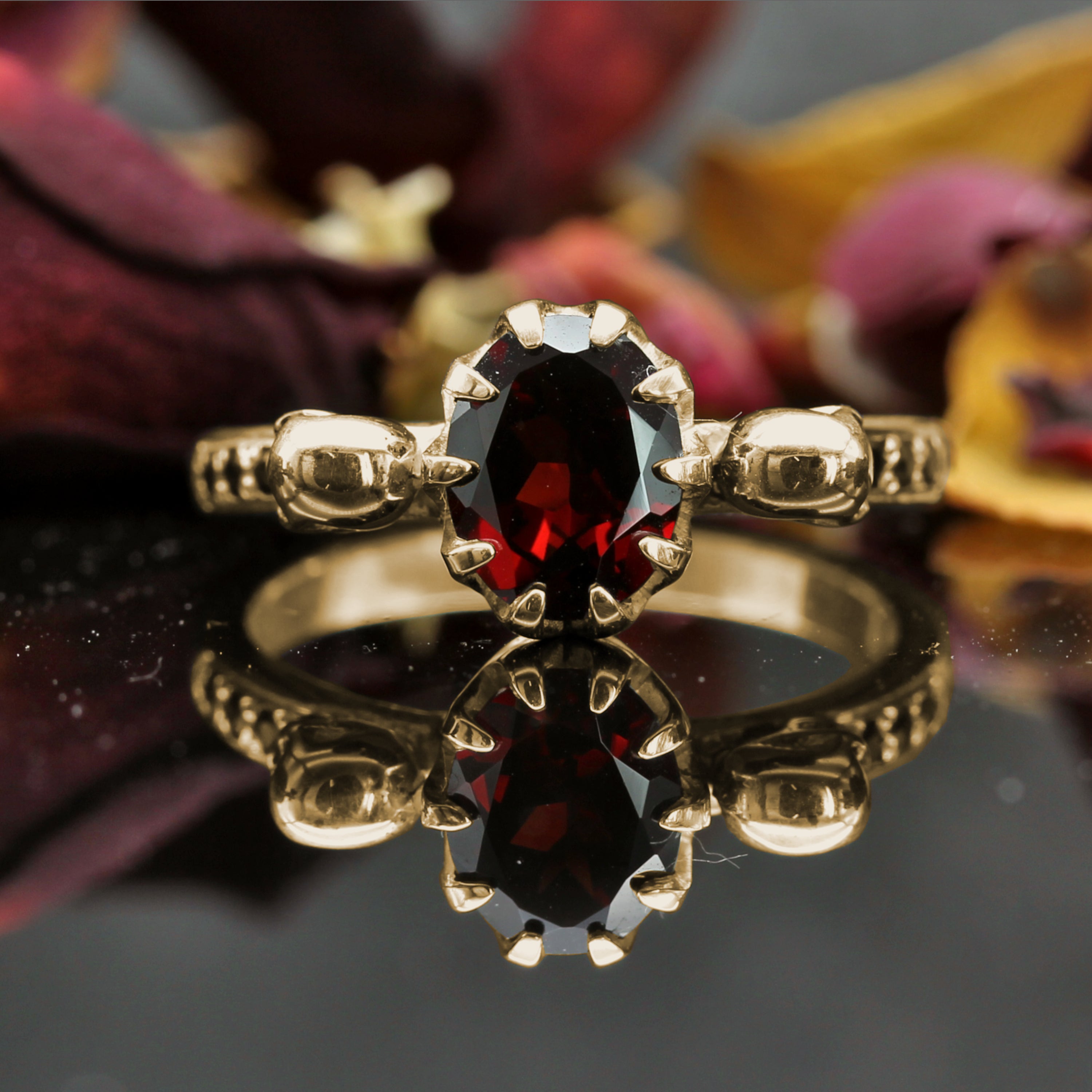 Yellow Gold Skull Engagement Ring set with Garnet. Gothic Jewellery