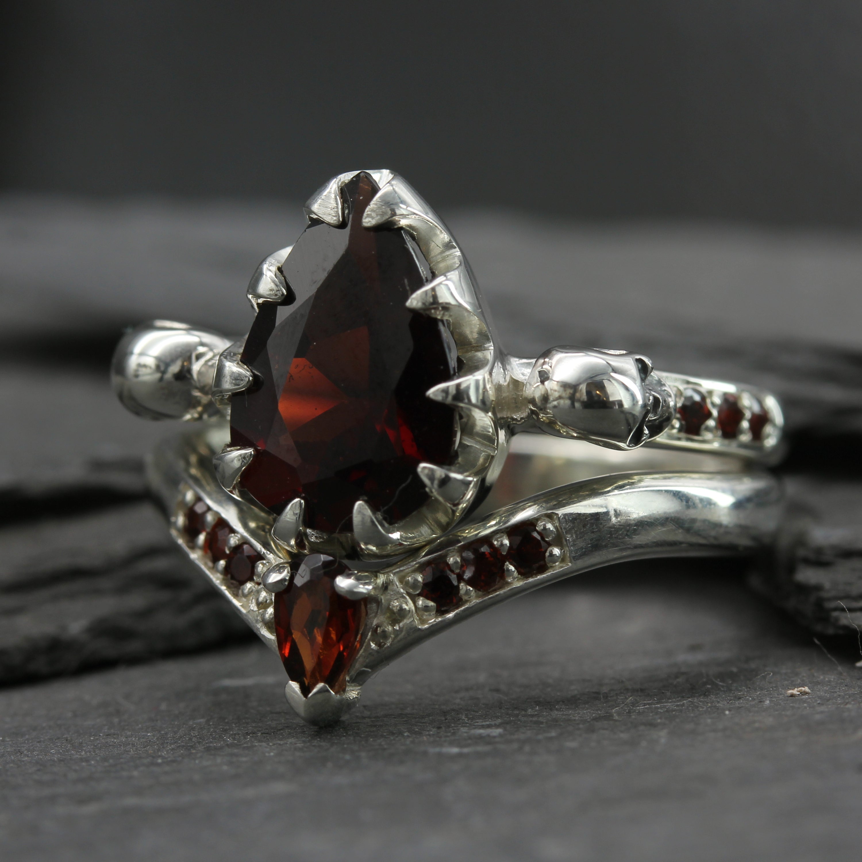 Garnet Skull Engagement Ring and Wishbone Wedding Ring