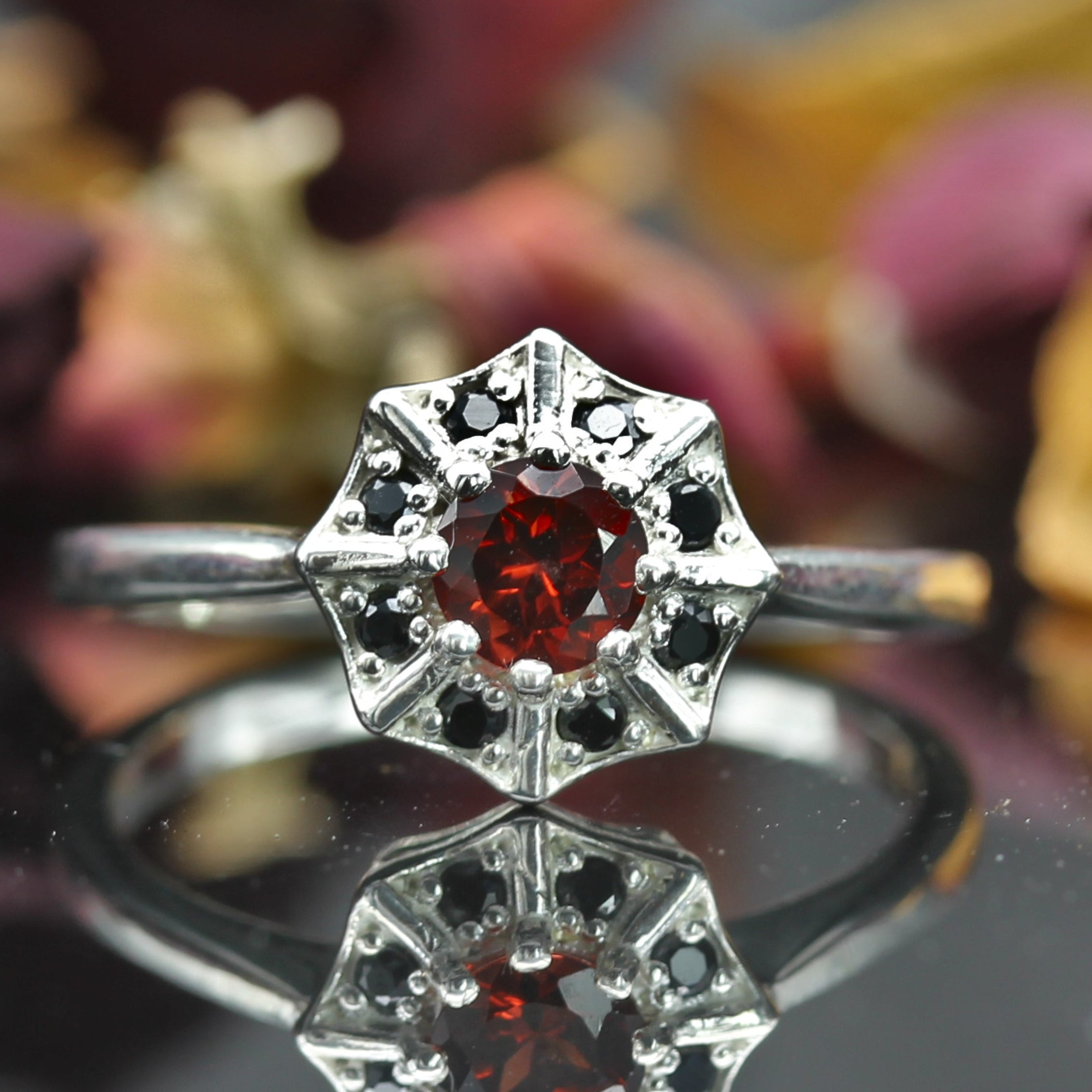 Garnet Spider Web Ring Gold