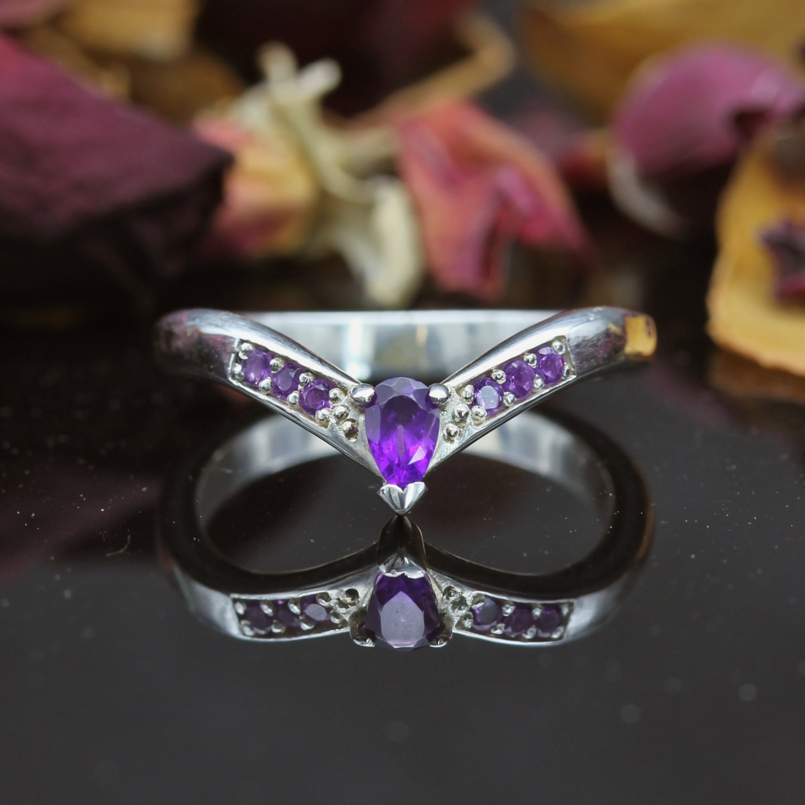 Gold Amethyst Gothic Wishbone Wedding Ring