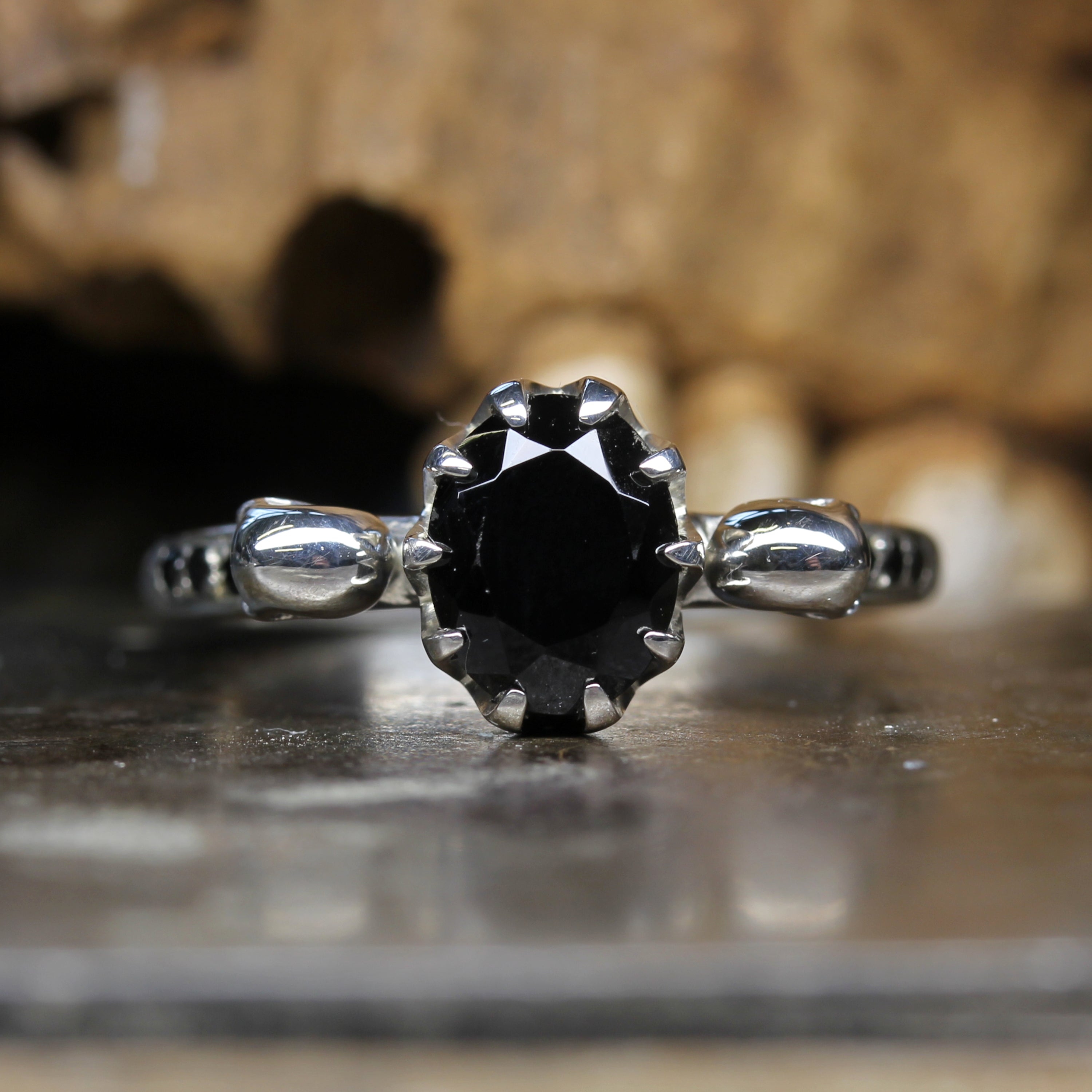 Gothic Skull Engagement Ring set with Oval Black Spinel