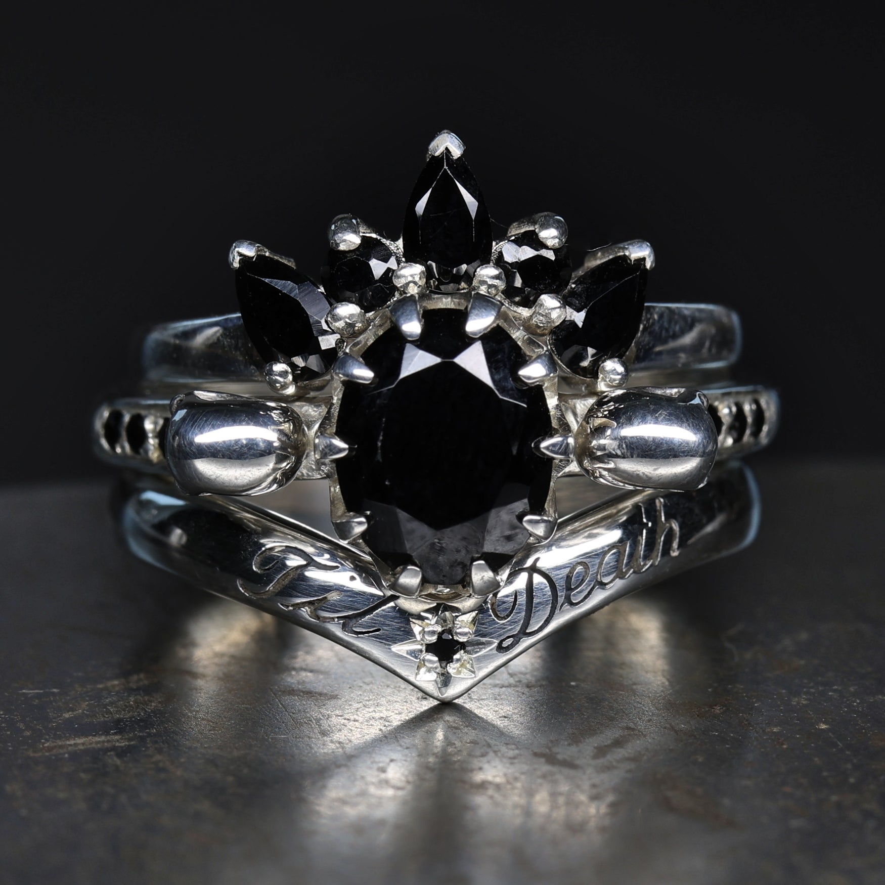 Oval Black Spinel Engagement ring - Gothic Silver Skull