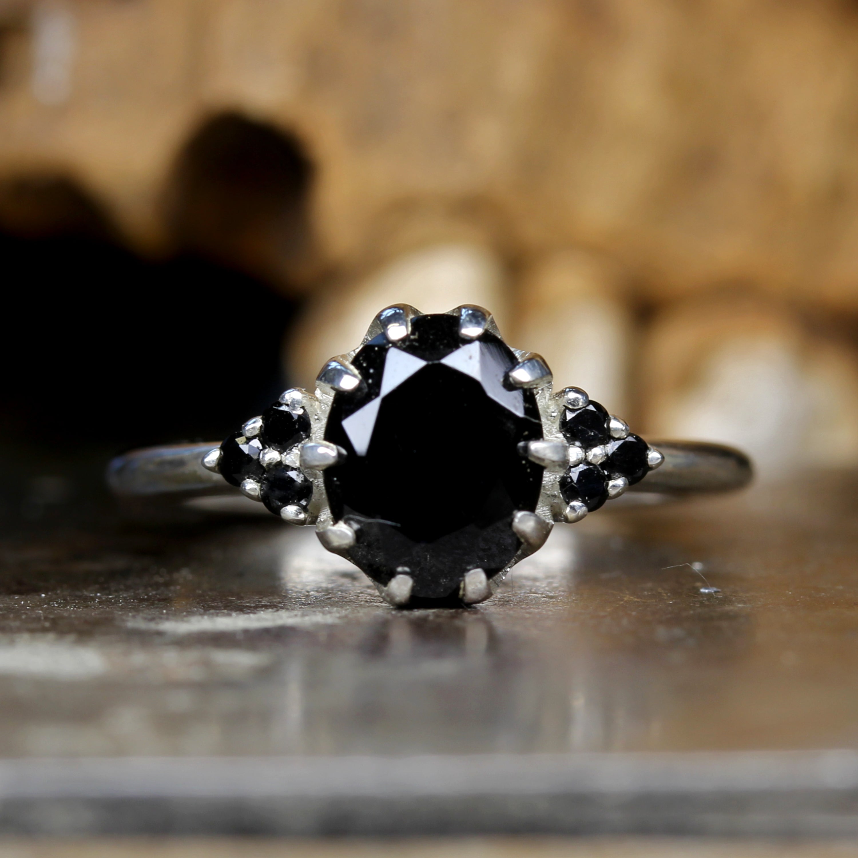 Silver Trefoil Ring with Black Gemstones. Gothic Jewellery