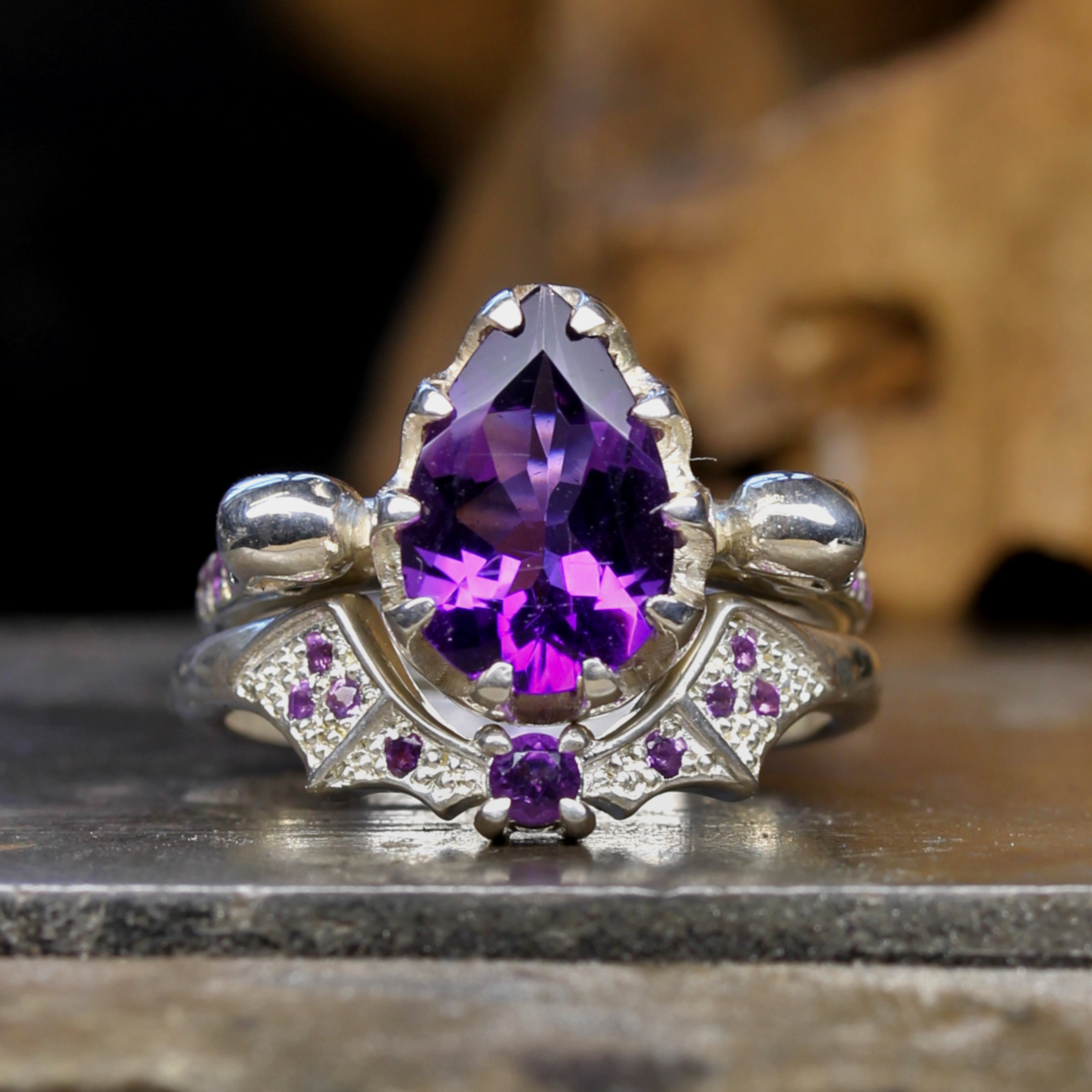 Gothic Amethyst Bat Wedding Ring