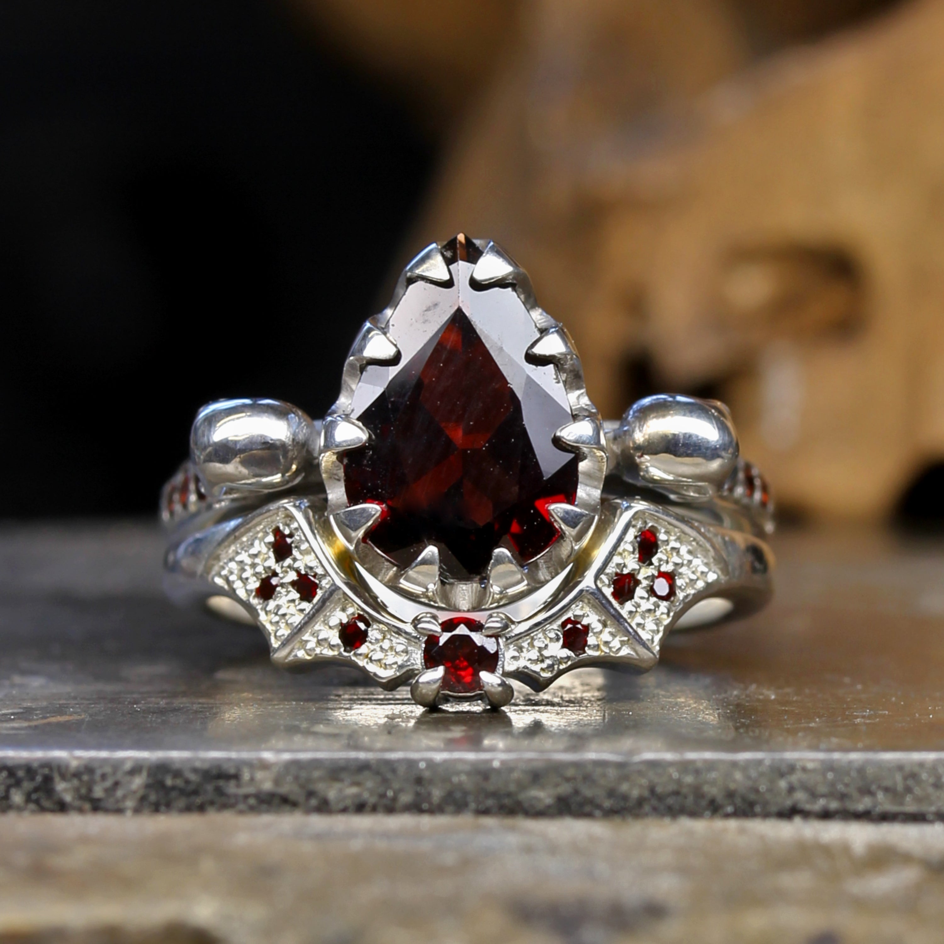 Gothic Garnet Silver Bat Wedding Ring And Garnet Skull Engagement Ring
