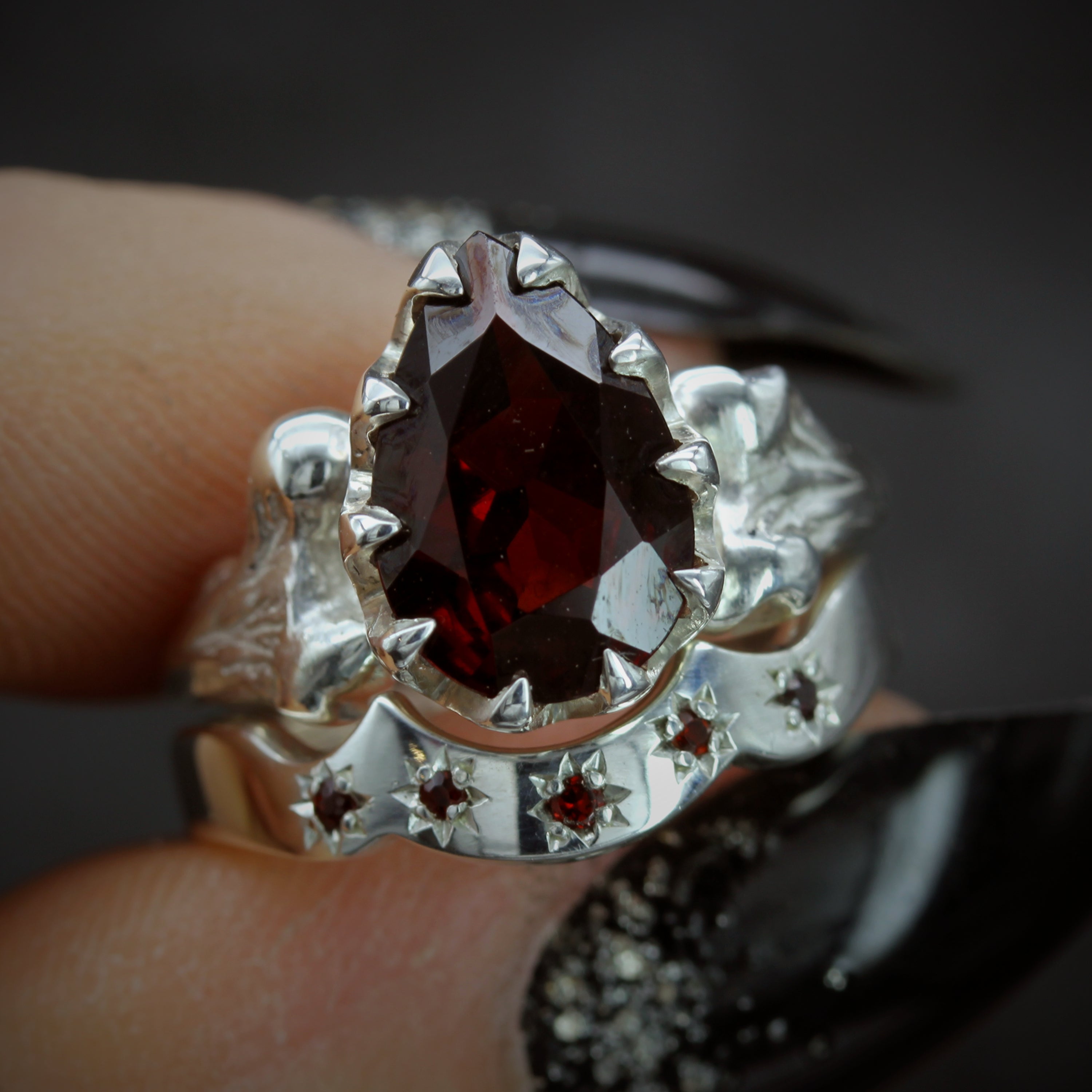 Gothic Garnet Bone Engagement Ring and Wedding Ring
