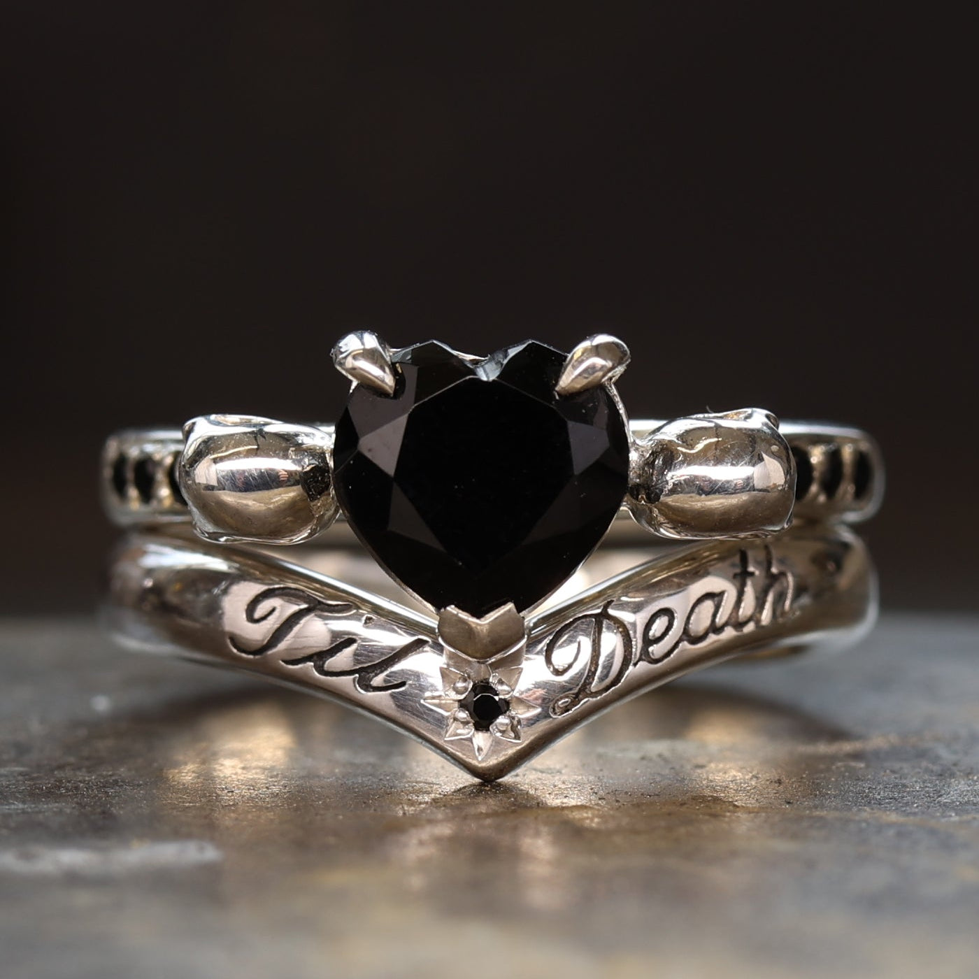 Heart Black Spinel Engagement ring - Gothic Silver Skull