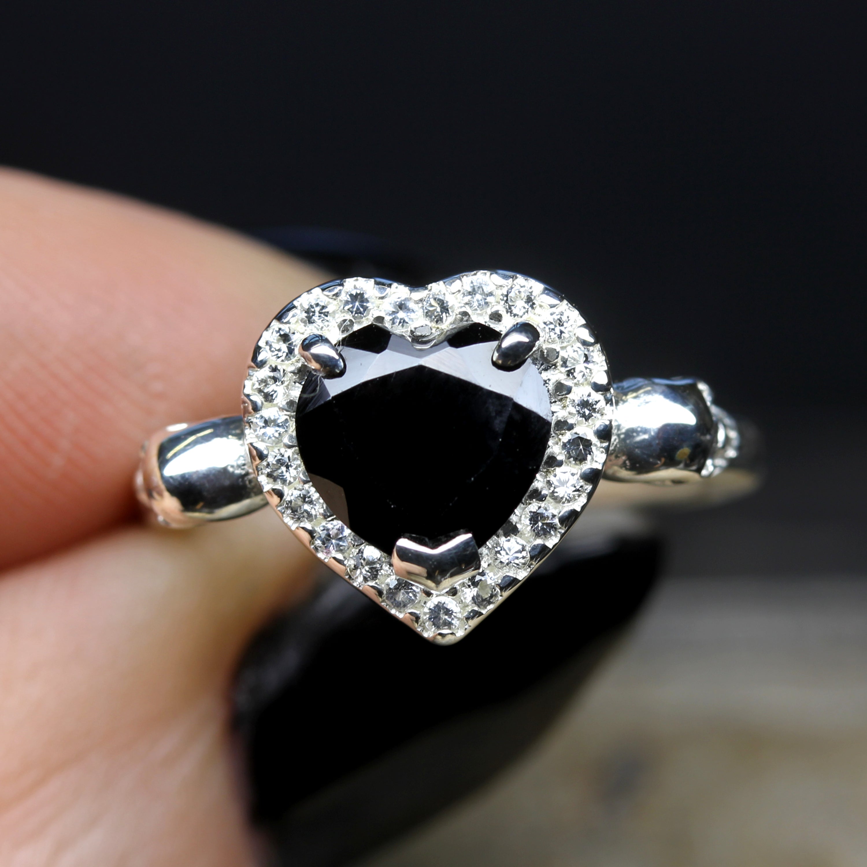 Gothic Heart Halo Ring, Skulls ring band and black gemstone centre