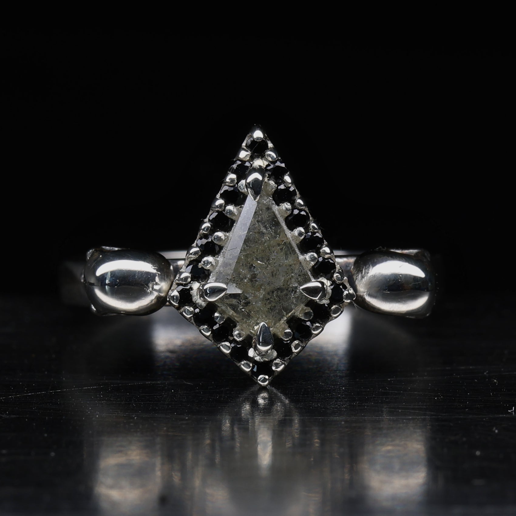Silver Skull Engagement Ring With Salt and Pepper Diamond and black spinel halo