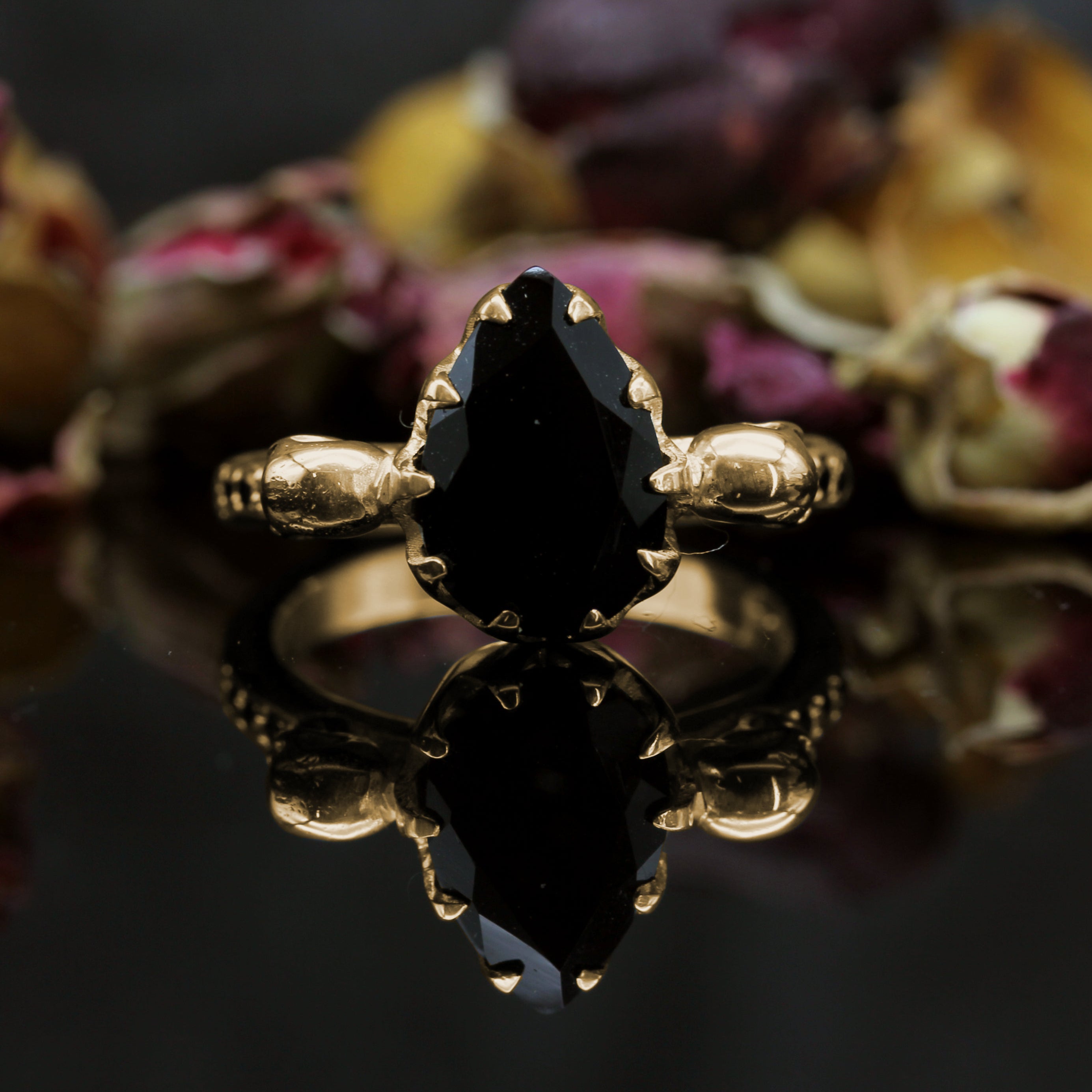 Yellow Gold Skull Engagement Ring with Pear Shaped Onyx. Gothic Jewellery