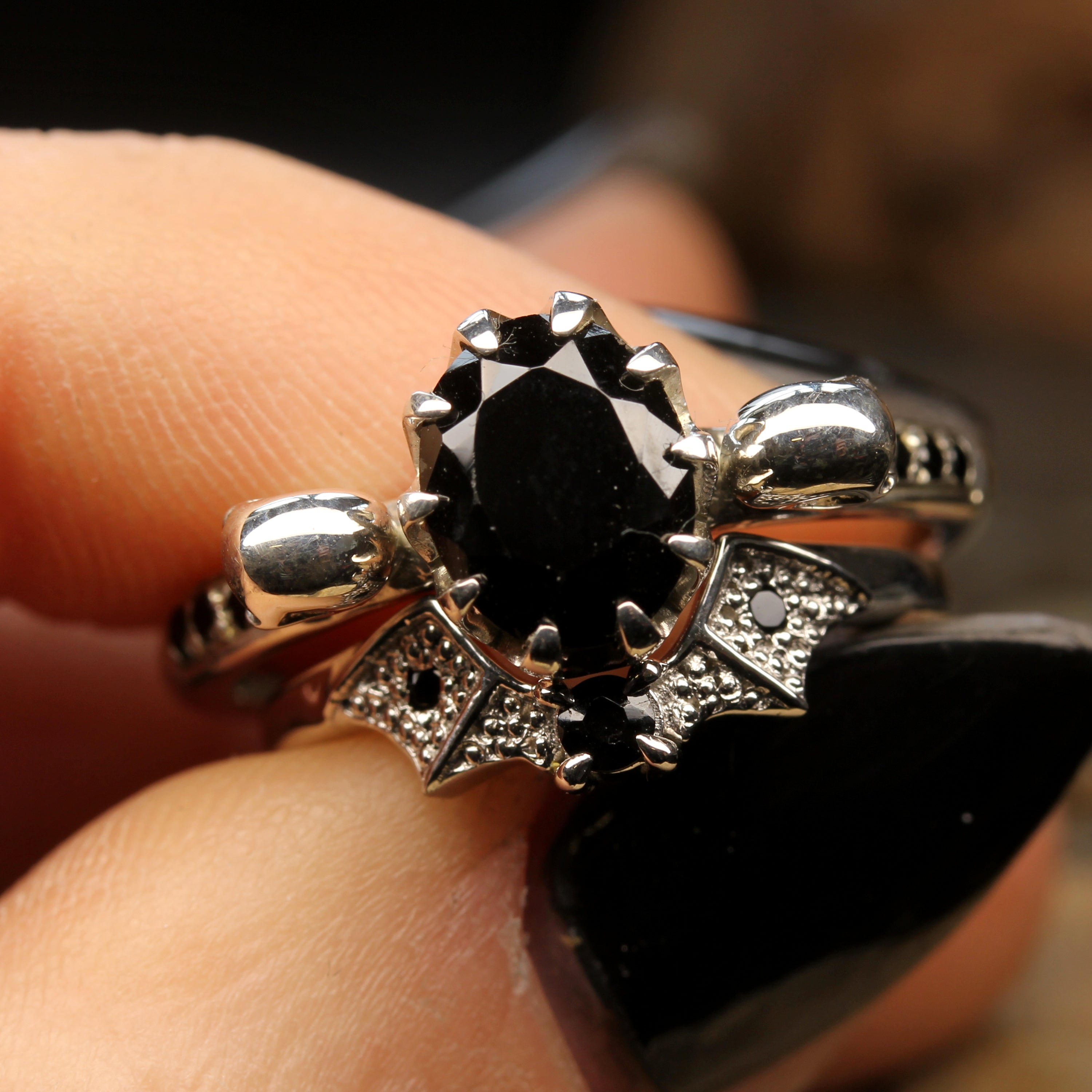 Oval Engagement Ring with Gothic Bat Wedding Ring, with Black Gem Stones