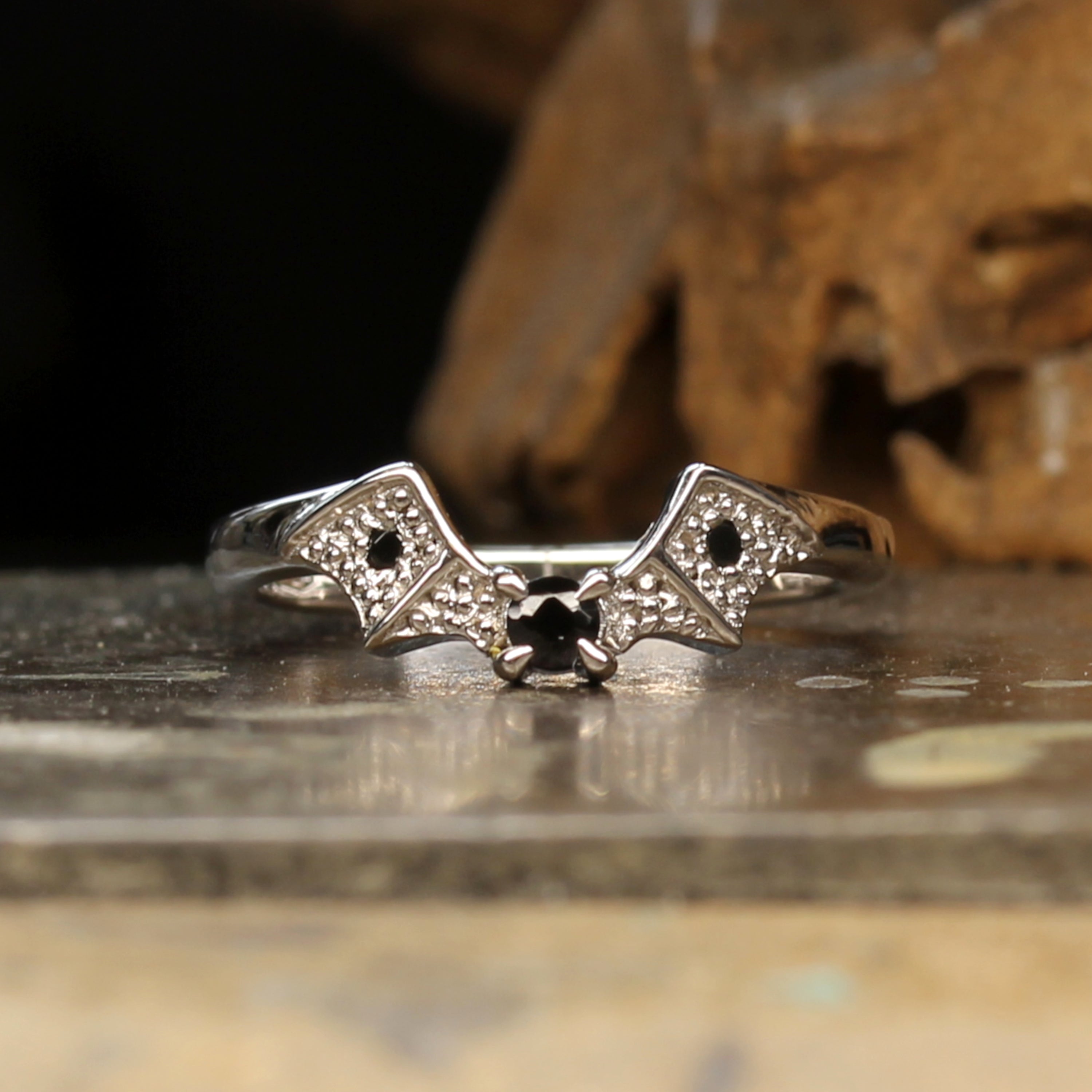 Gothic Bat Wedding Ring with Black Stones, pairs with Oval Engagement Ring