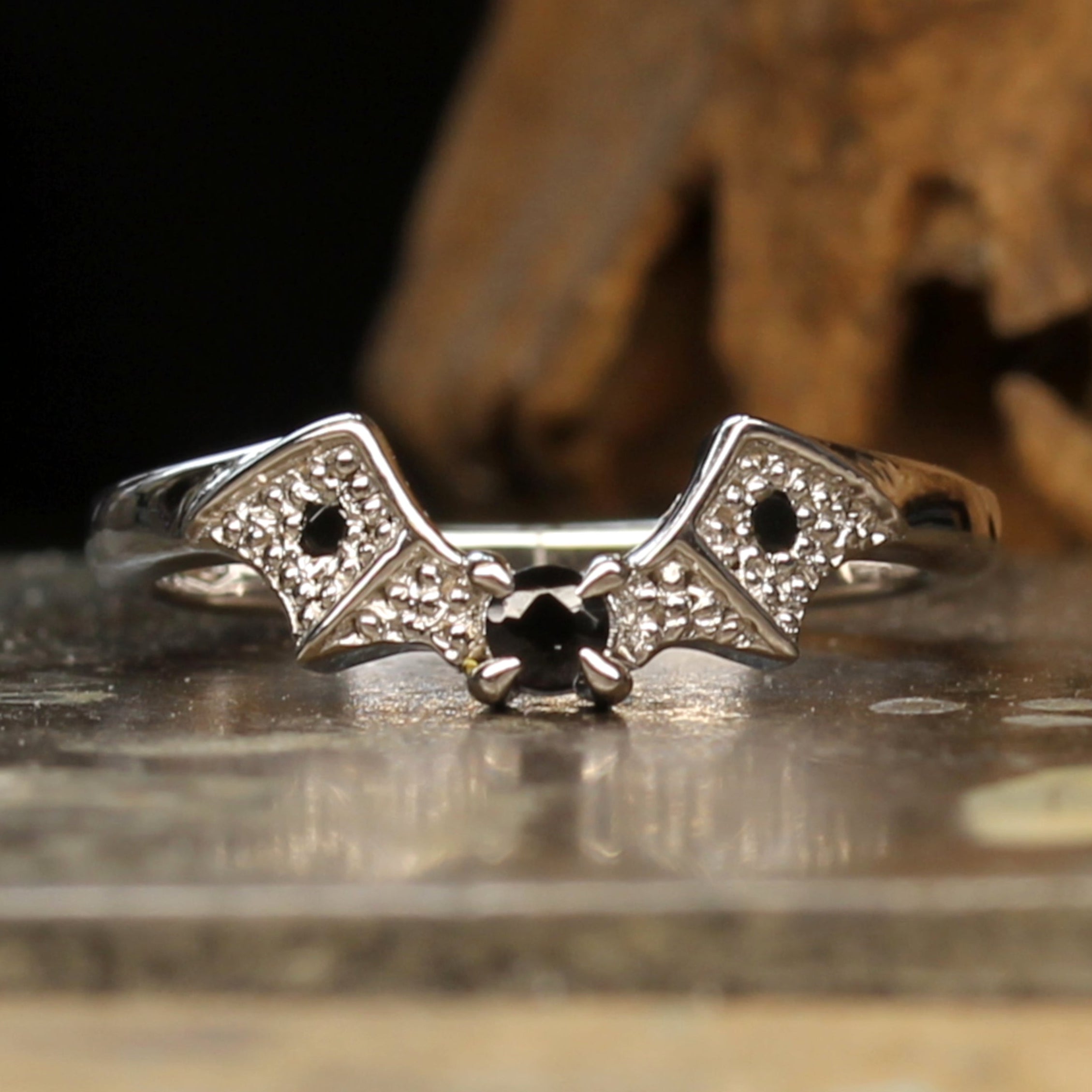 Gothic Bat Wedding Ring with Black Stones, pairs with Oval Engagement Ring