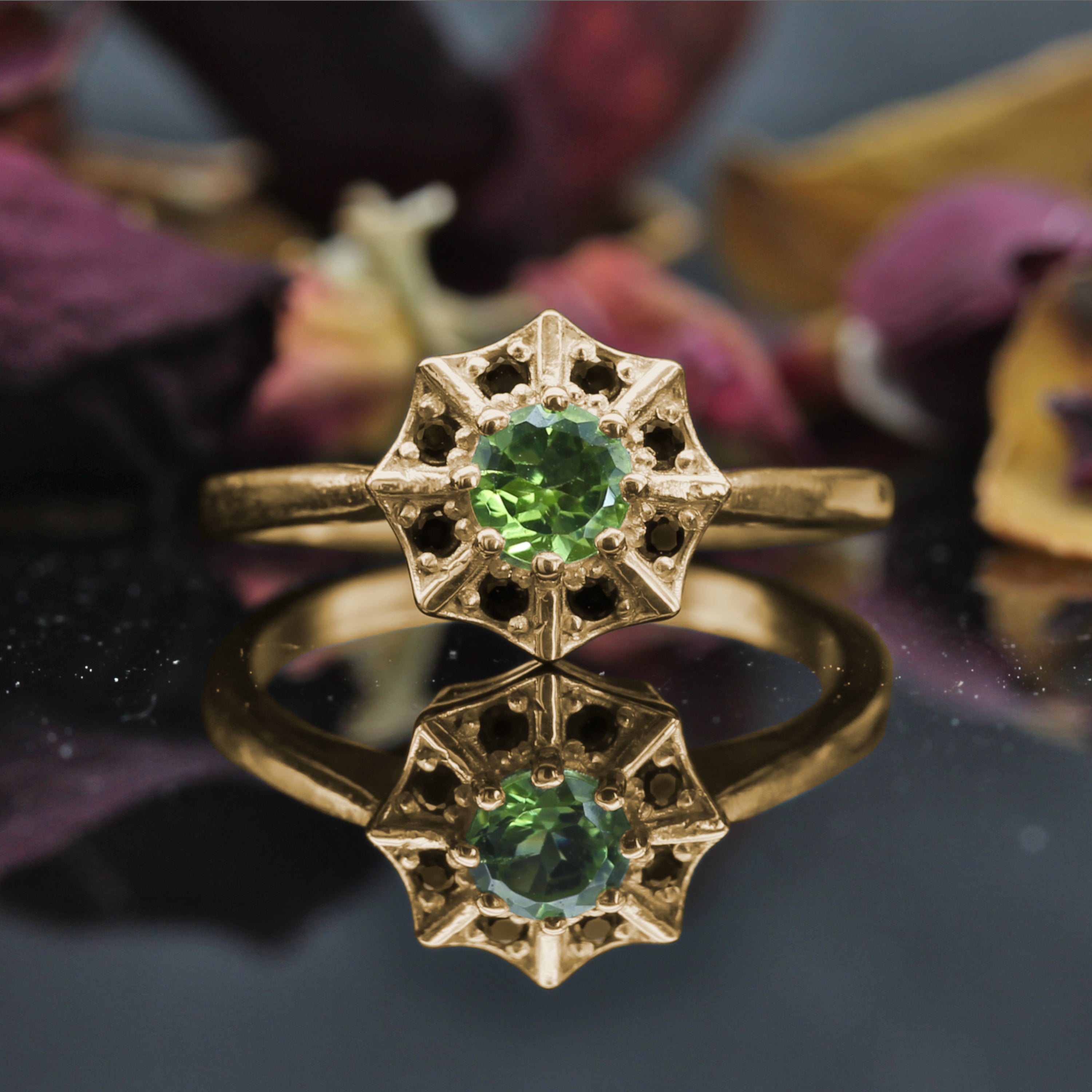 Yellow Gold Spider Web Ring with Peridot centre gemstone. Gothic Jewellery