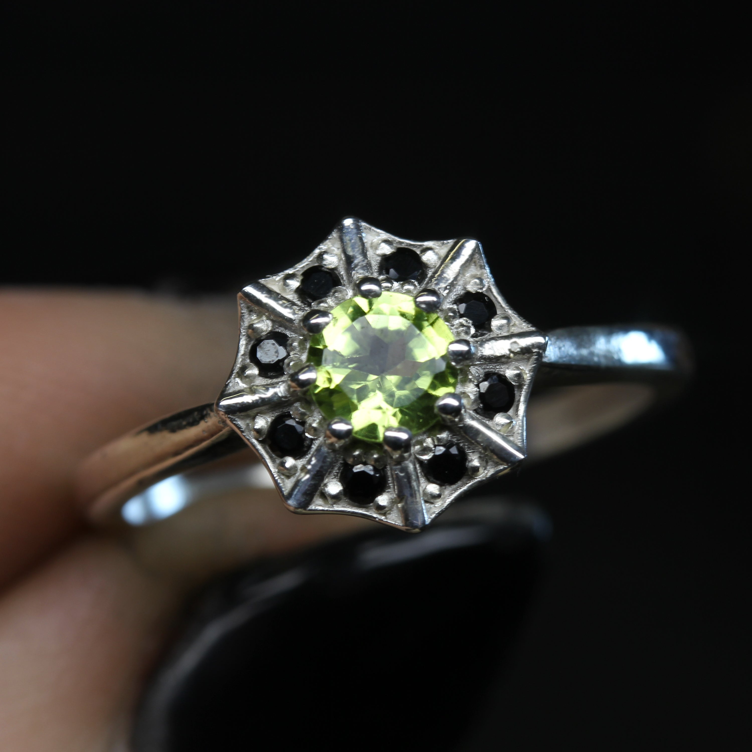 Silver Peridot Spider Web Ring