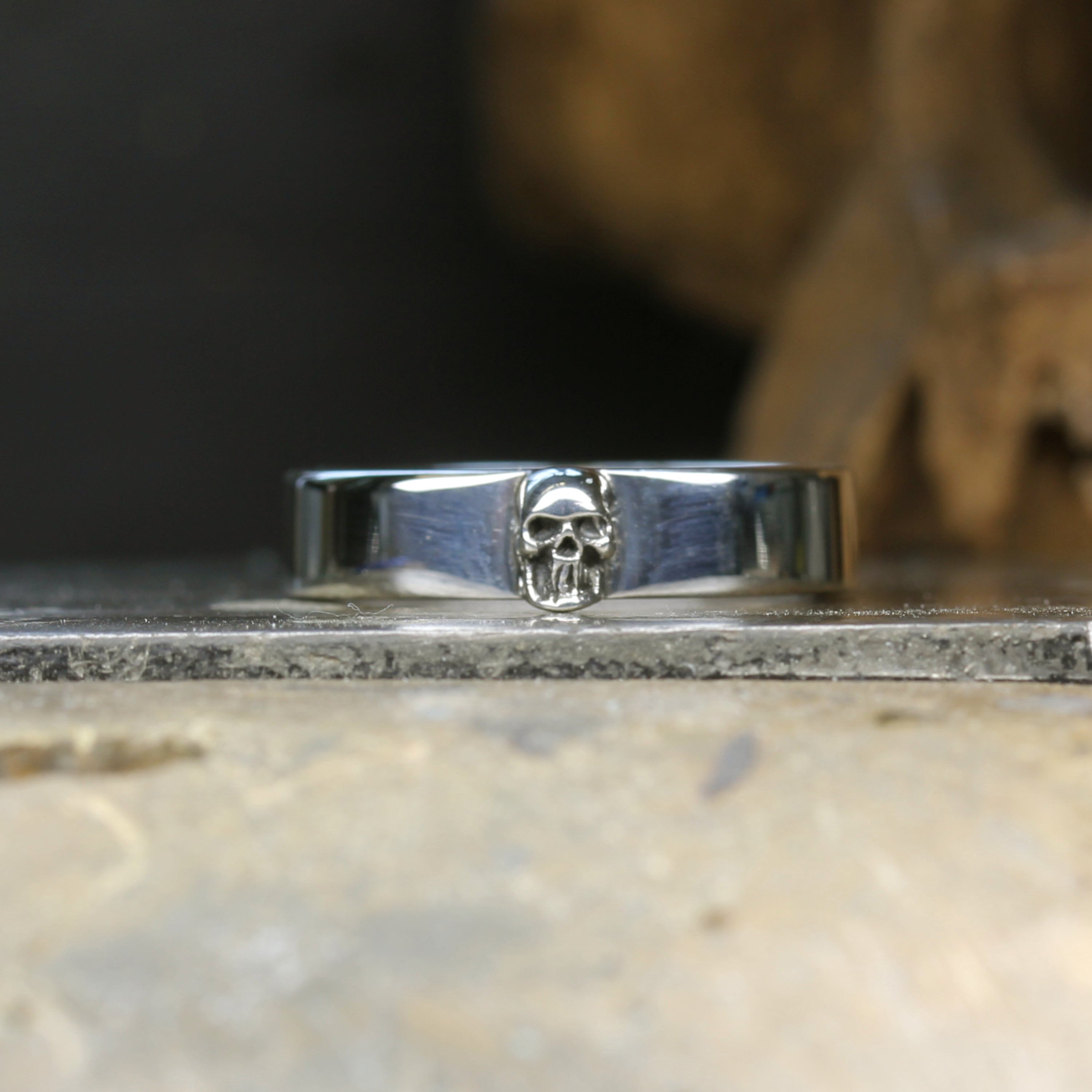 Men's Silver Skull Wedding Ring, thin band and small skull
