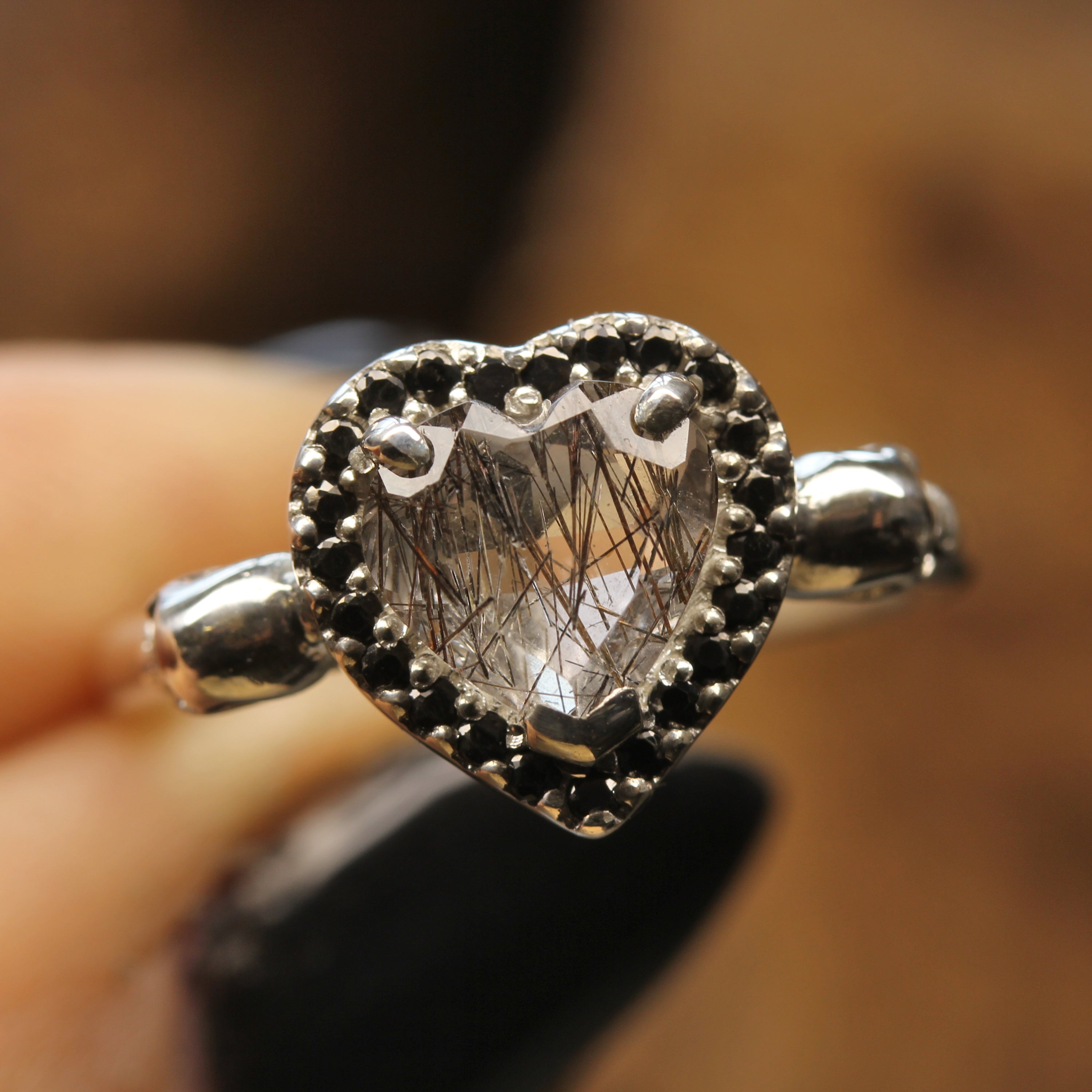 Gothic Heart and Skull Ring. With Tourmalated Quartz Heart Shaped Gemstone