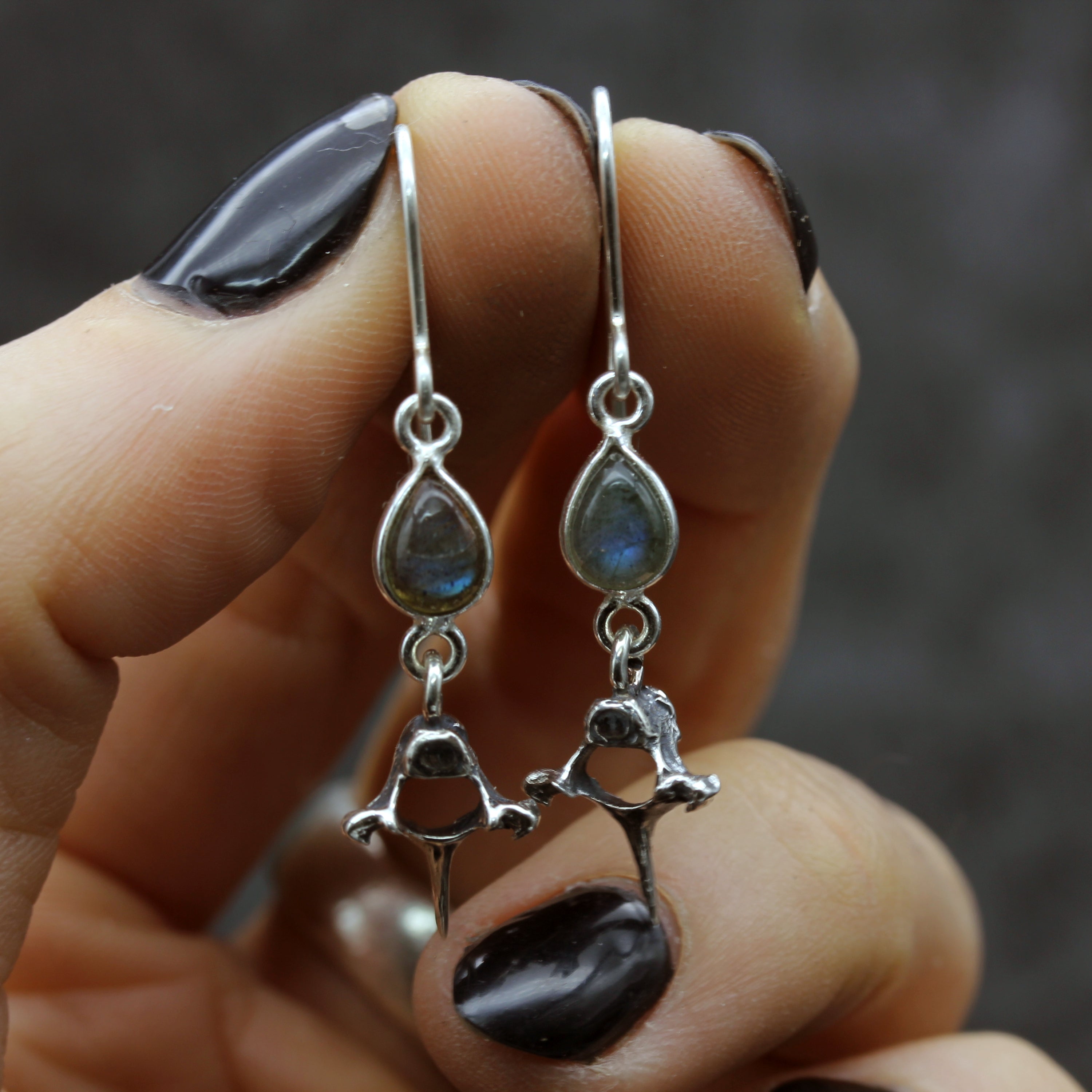 Labradorite Earrings with Vertebrae Pendant