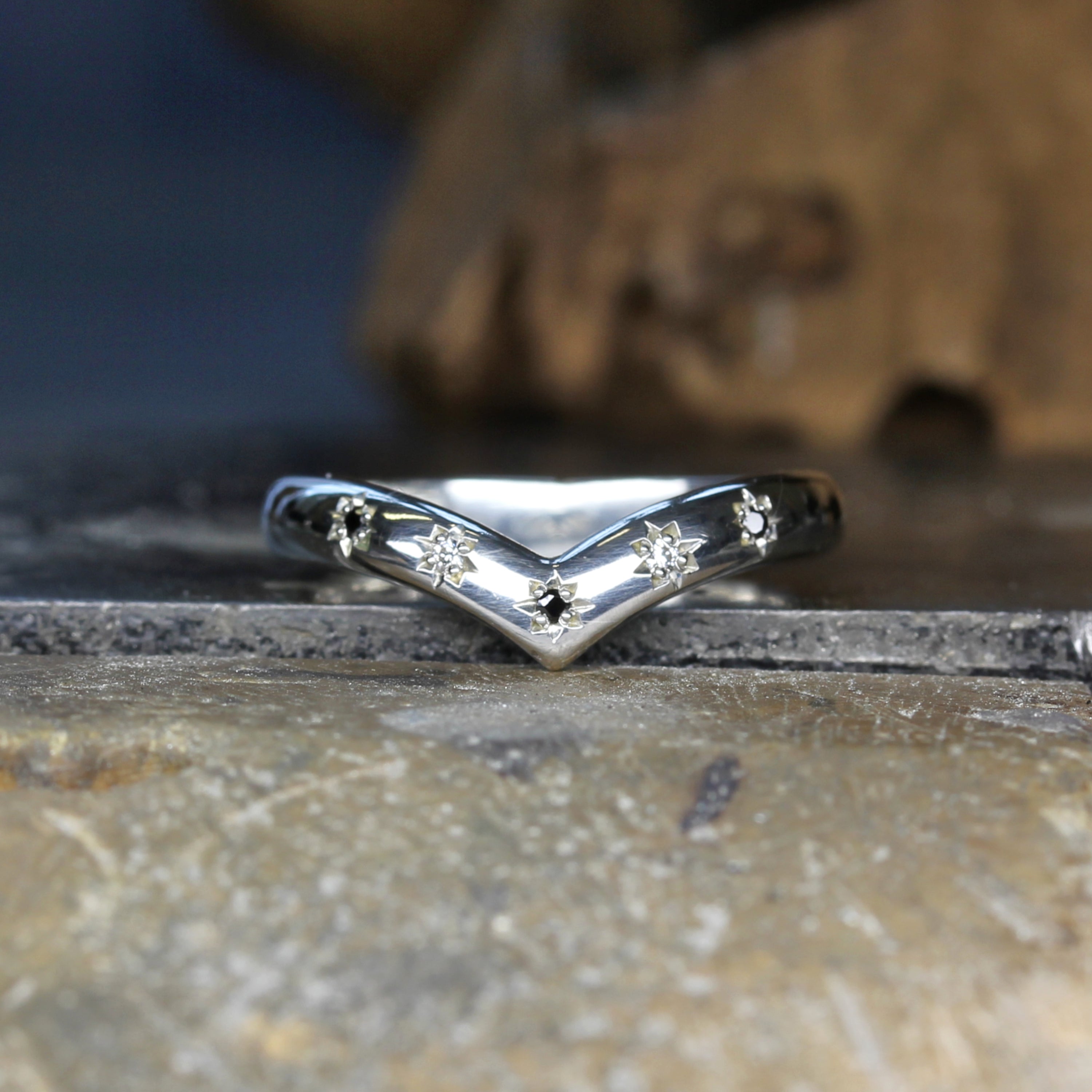 Wishbone Wedding Ring in Silver with black gemstones