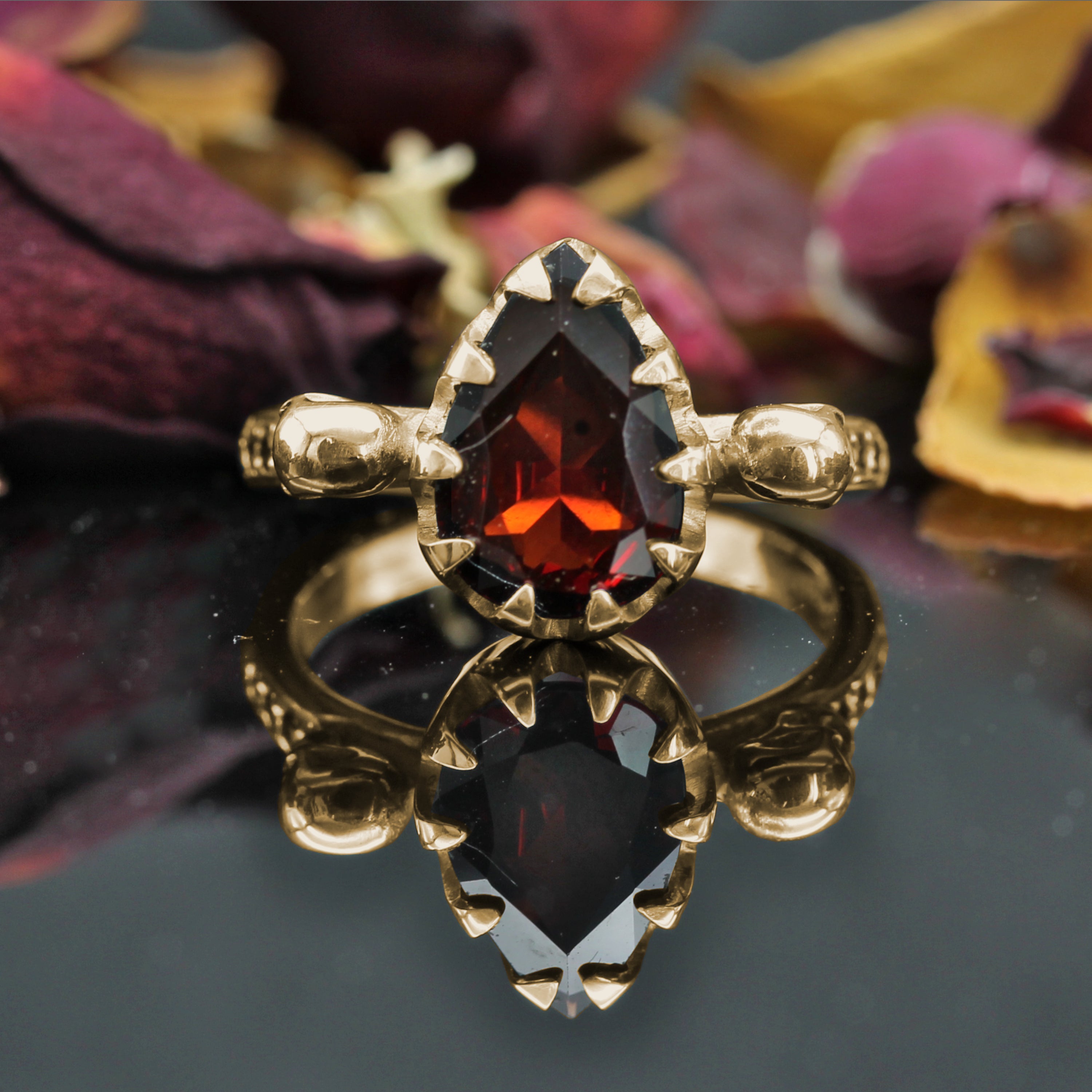 Yellow Gold Skull Engagement Ring with Pear Cut Garnet. Gothic Jewellery