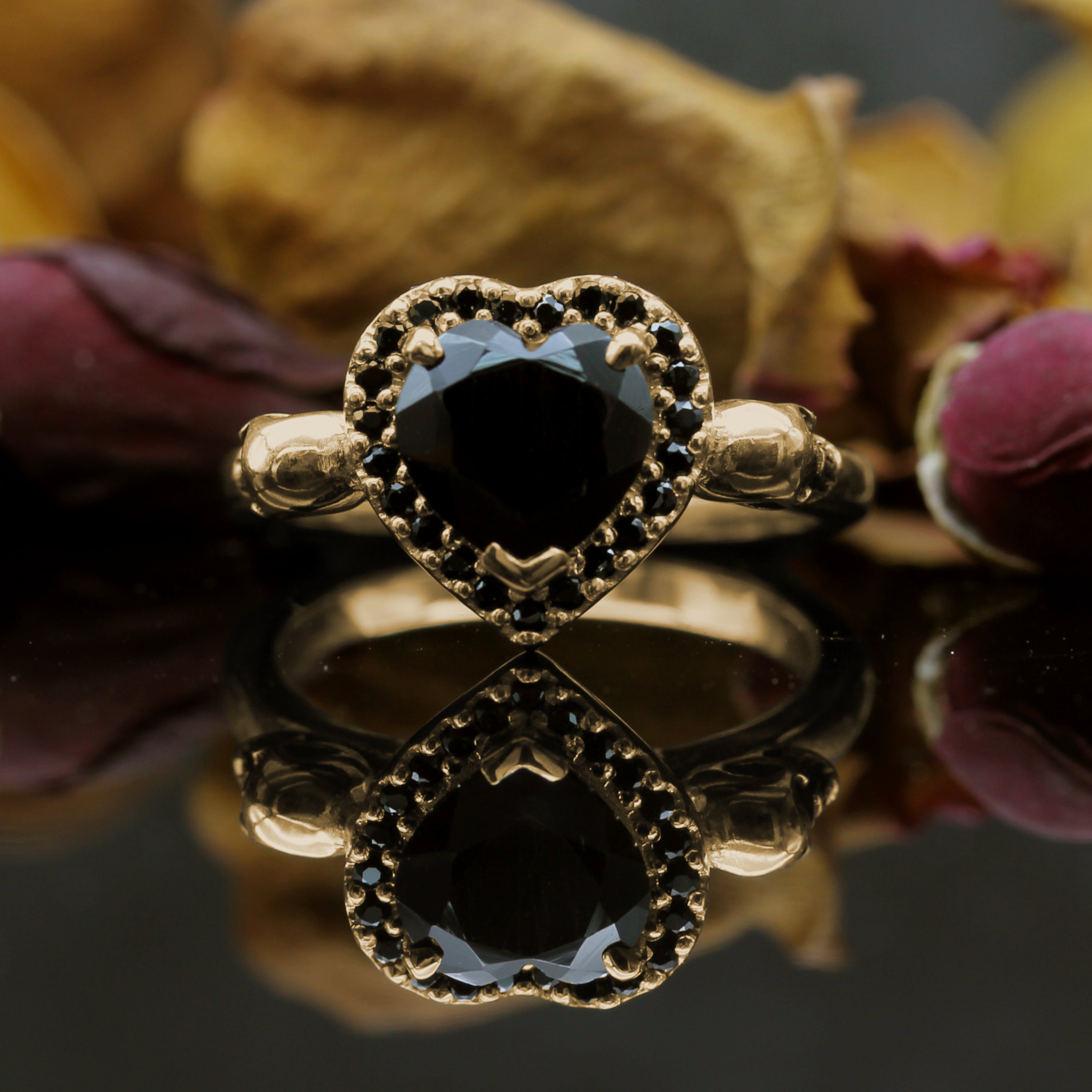 Yellow Gold Heart Engagement Ring With Black Spinel