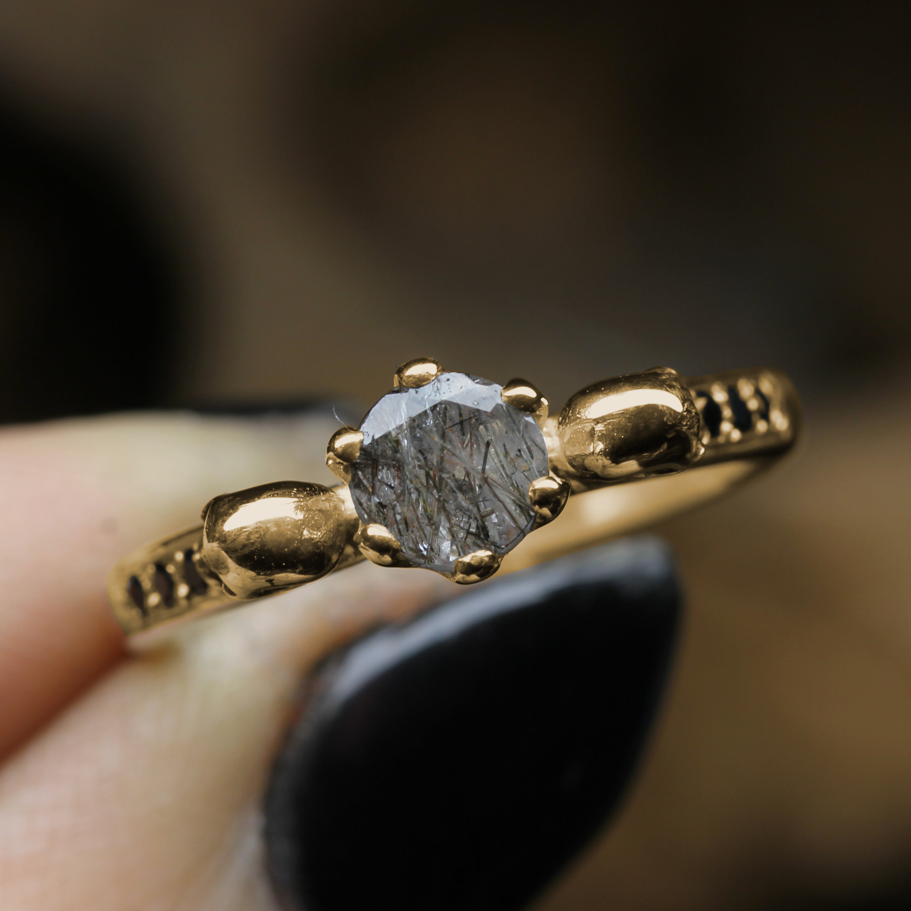 Yellow Gold Skull Engagement Ring, set with Tourmalated Quartz