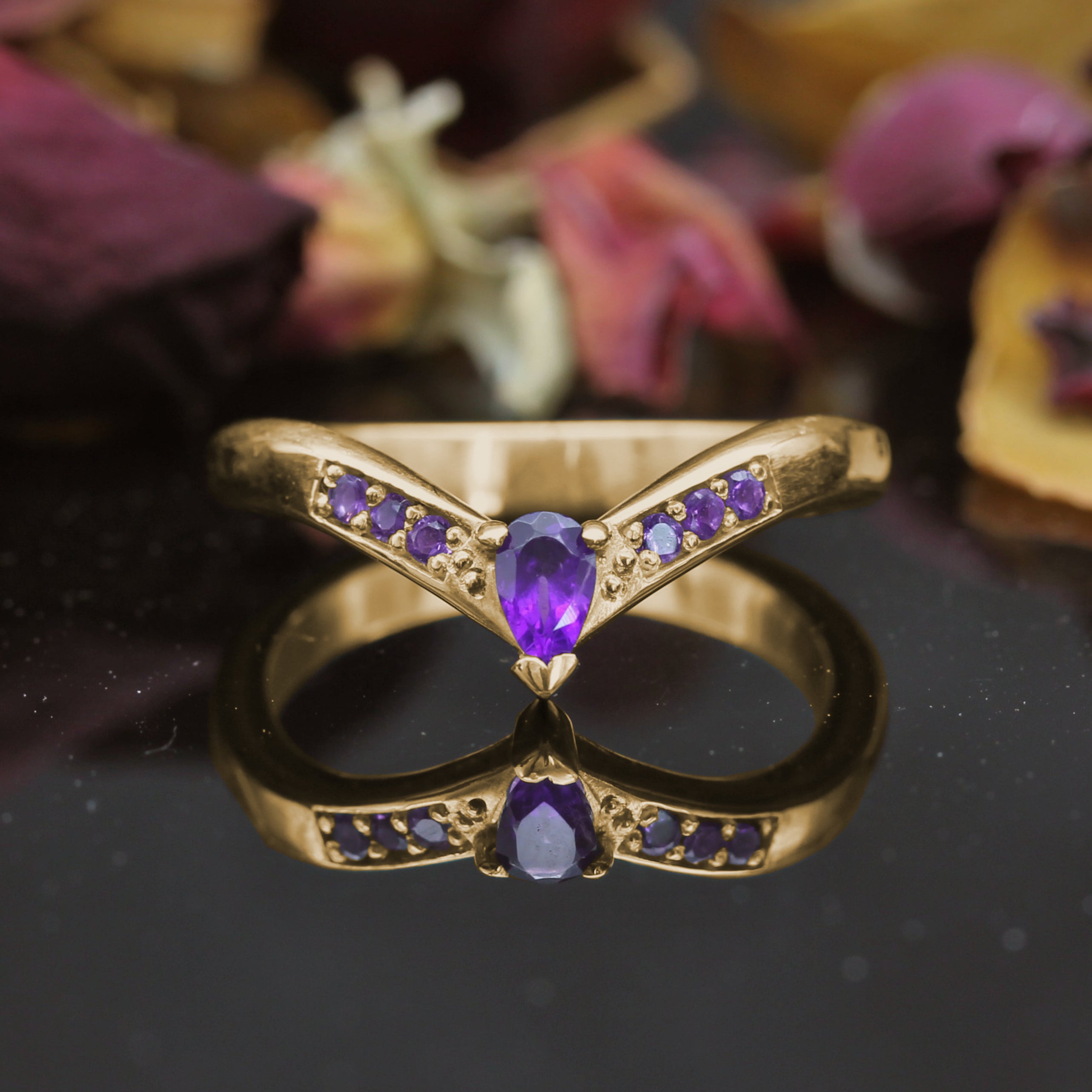 Yellow Gold Amethyst Gothic Wishbone Wedding Ring