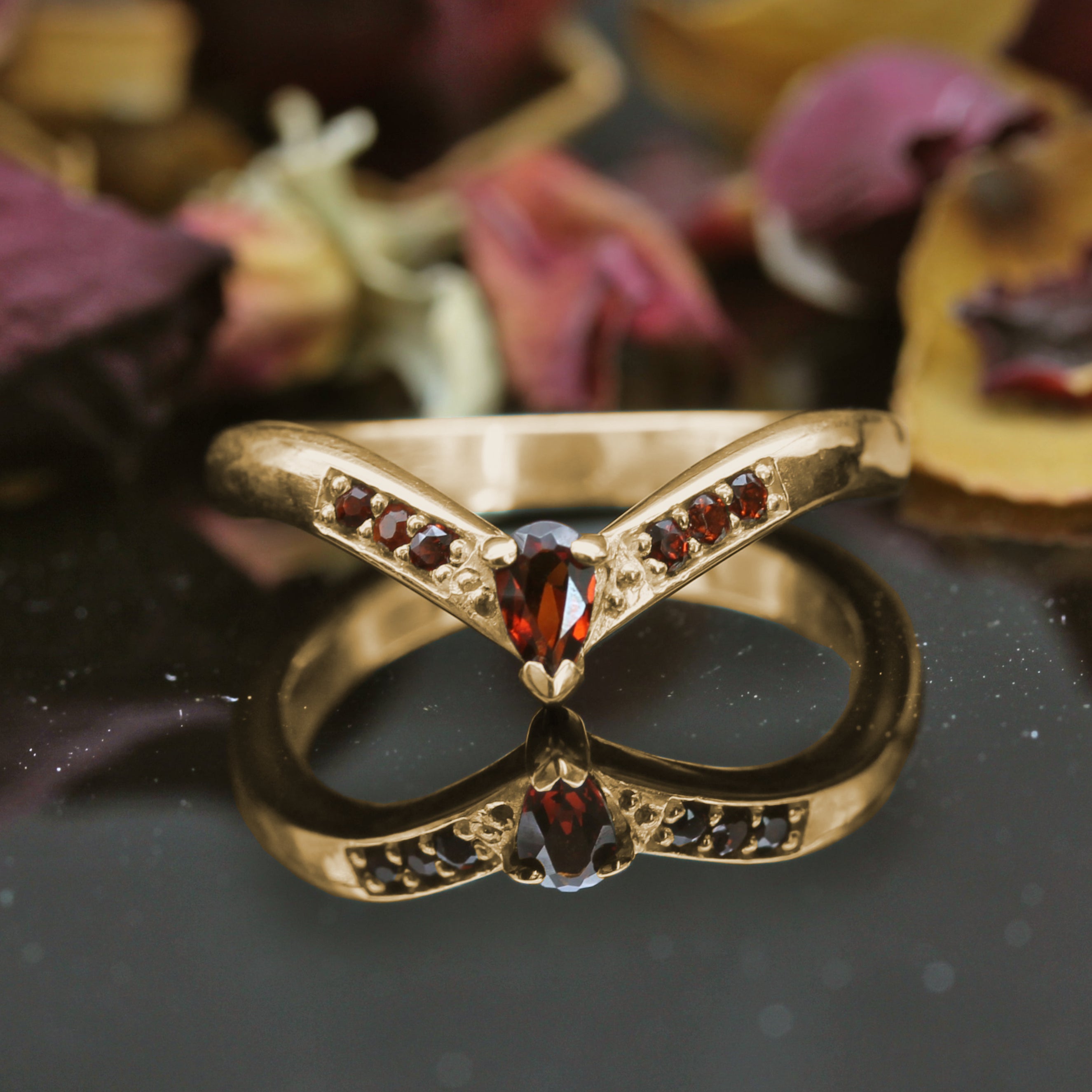 Yellow Gold Garnet Wishbone Wedding Ring. Gothic Jewellery