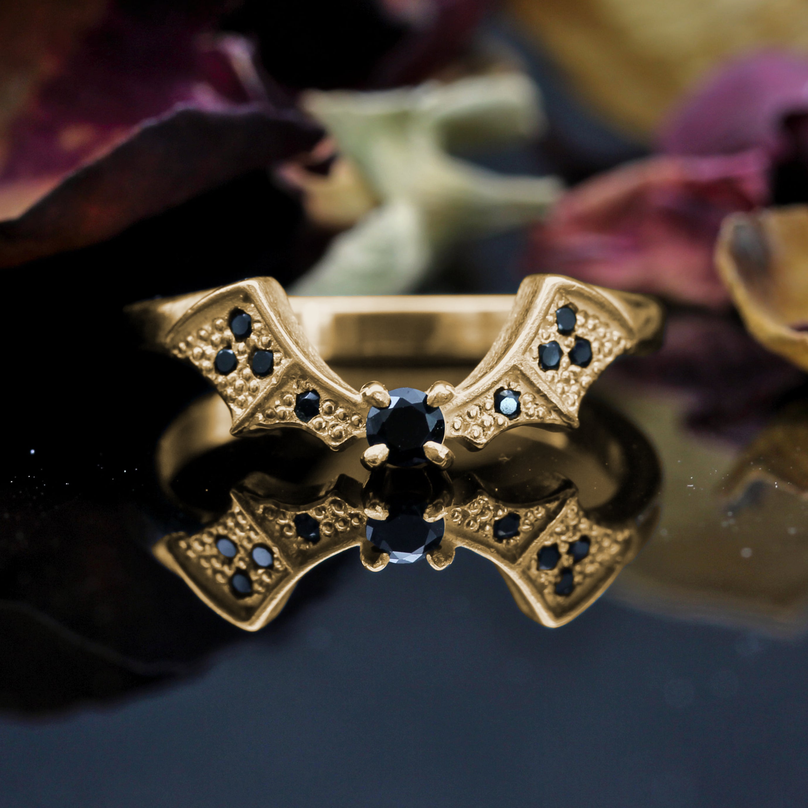 Yellow Gold Gothic Bat Wedding Ring with Black Gemstones
