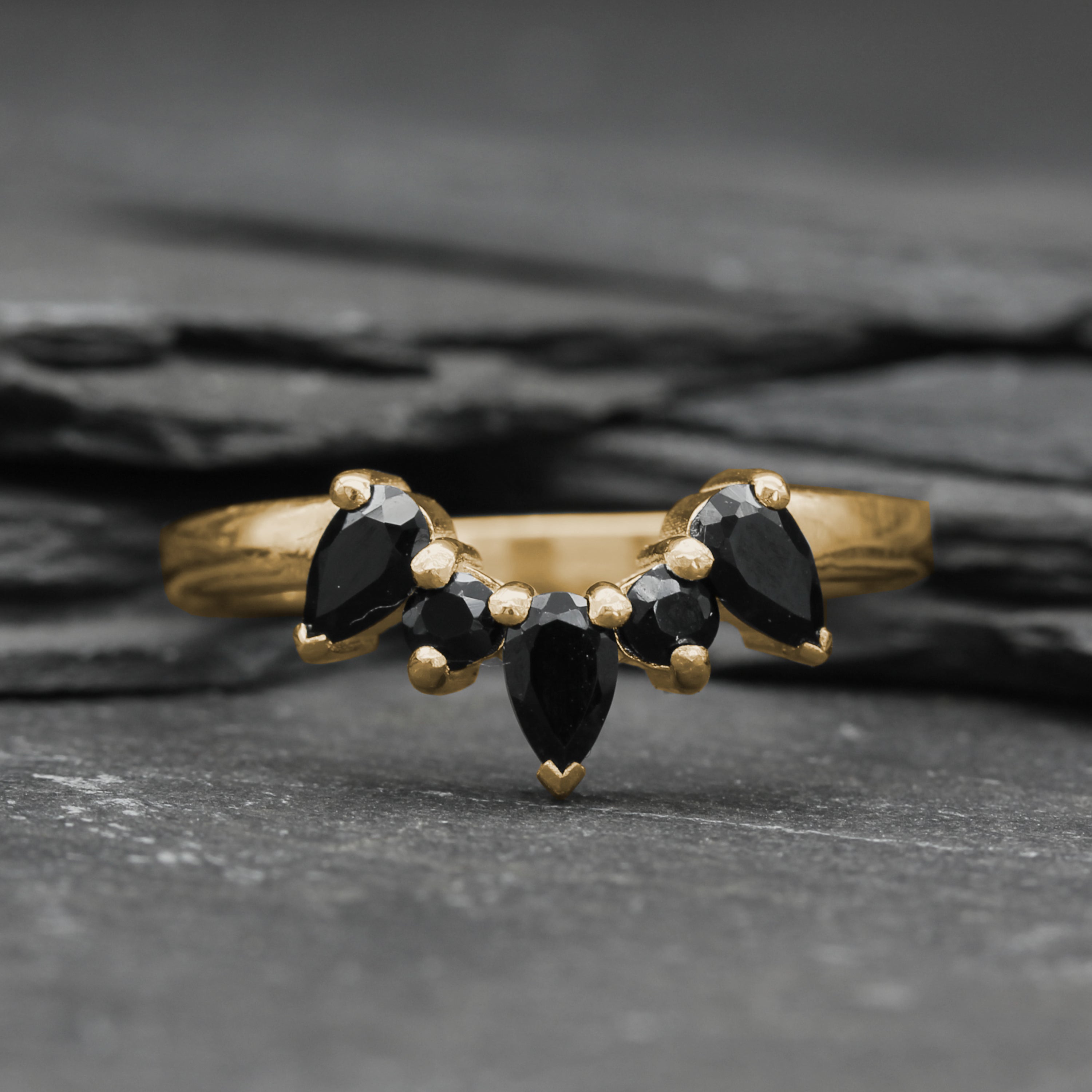 Yellow Gold Gothic Eternity Ring With Black Gems