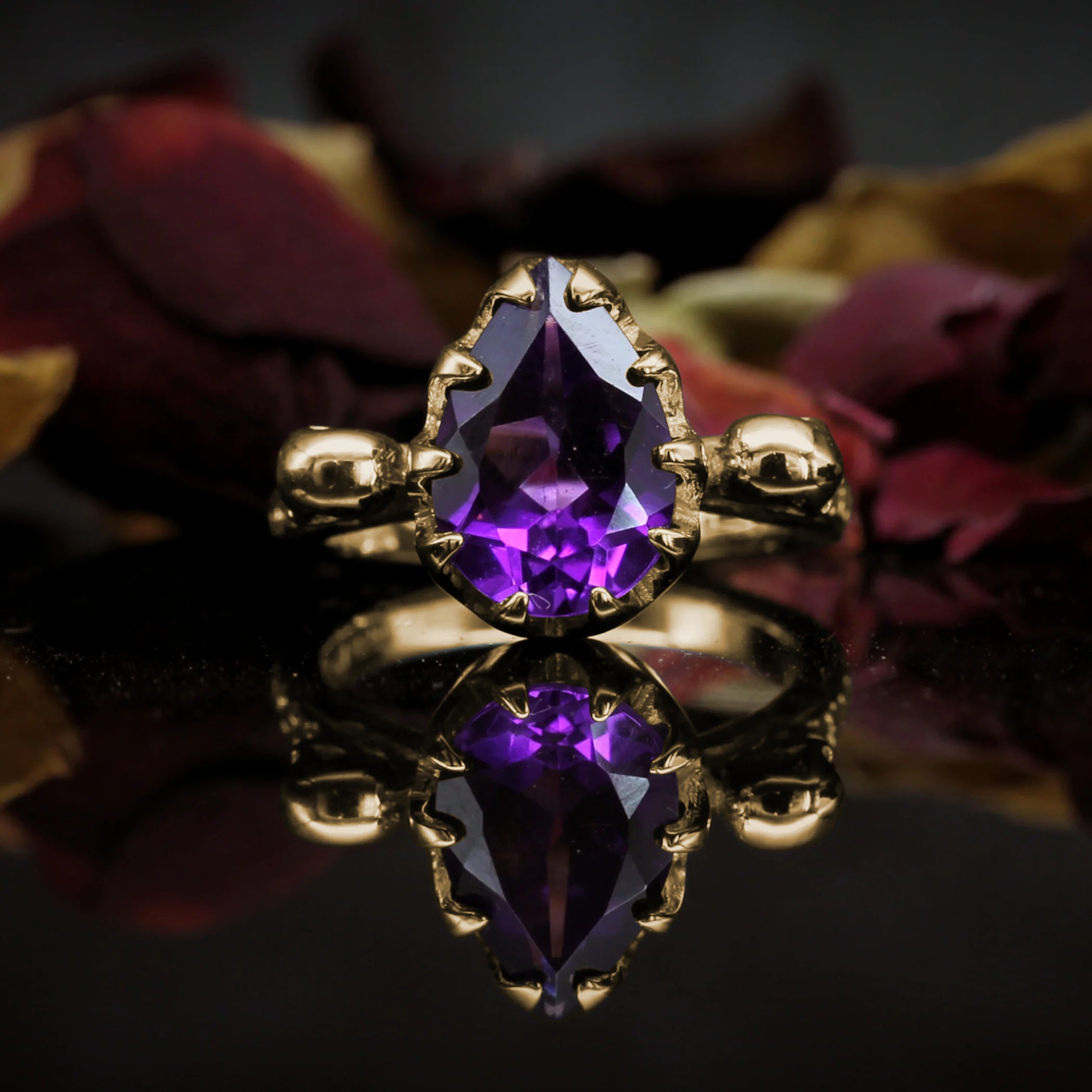 Yellow Gold Skull Engagement Ring set with Pear Cut Amethyst. Gothic Jewellery