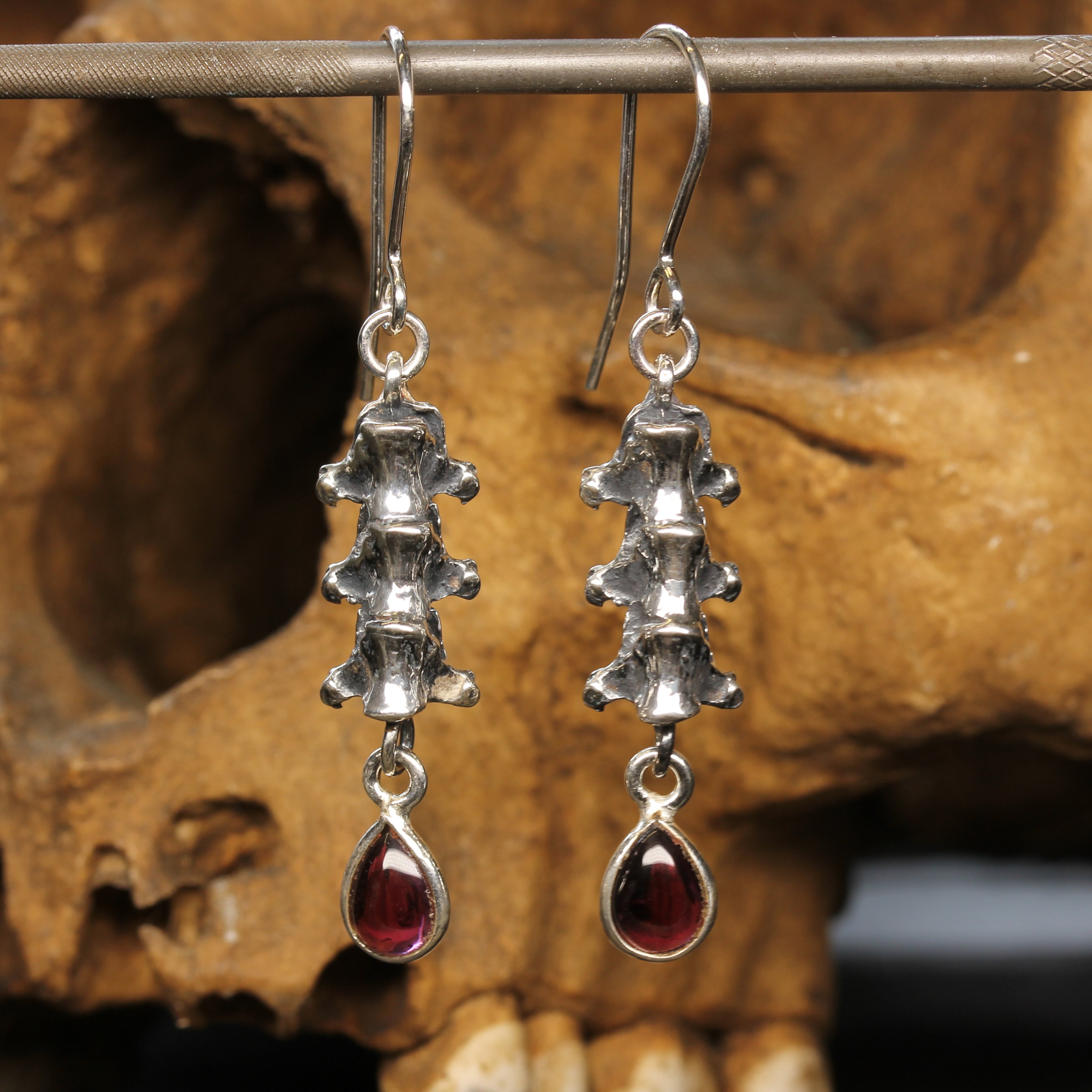 Silver Spine Earrings with Garnet Pendant Gothic Jewellery