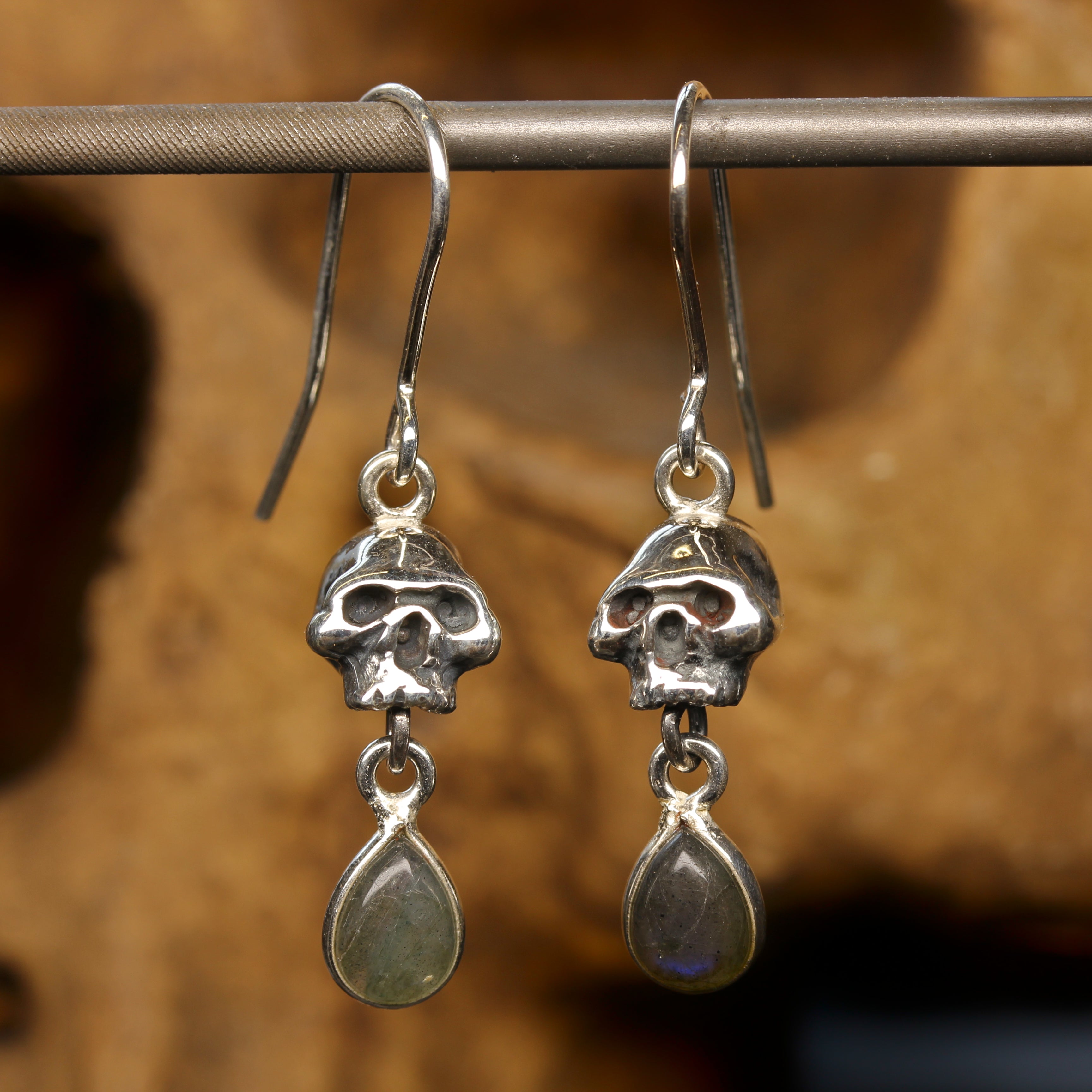 Silver Skull Earrings with Labradorite Pendant Gothic Jewellery
