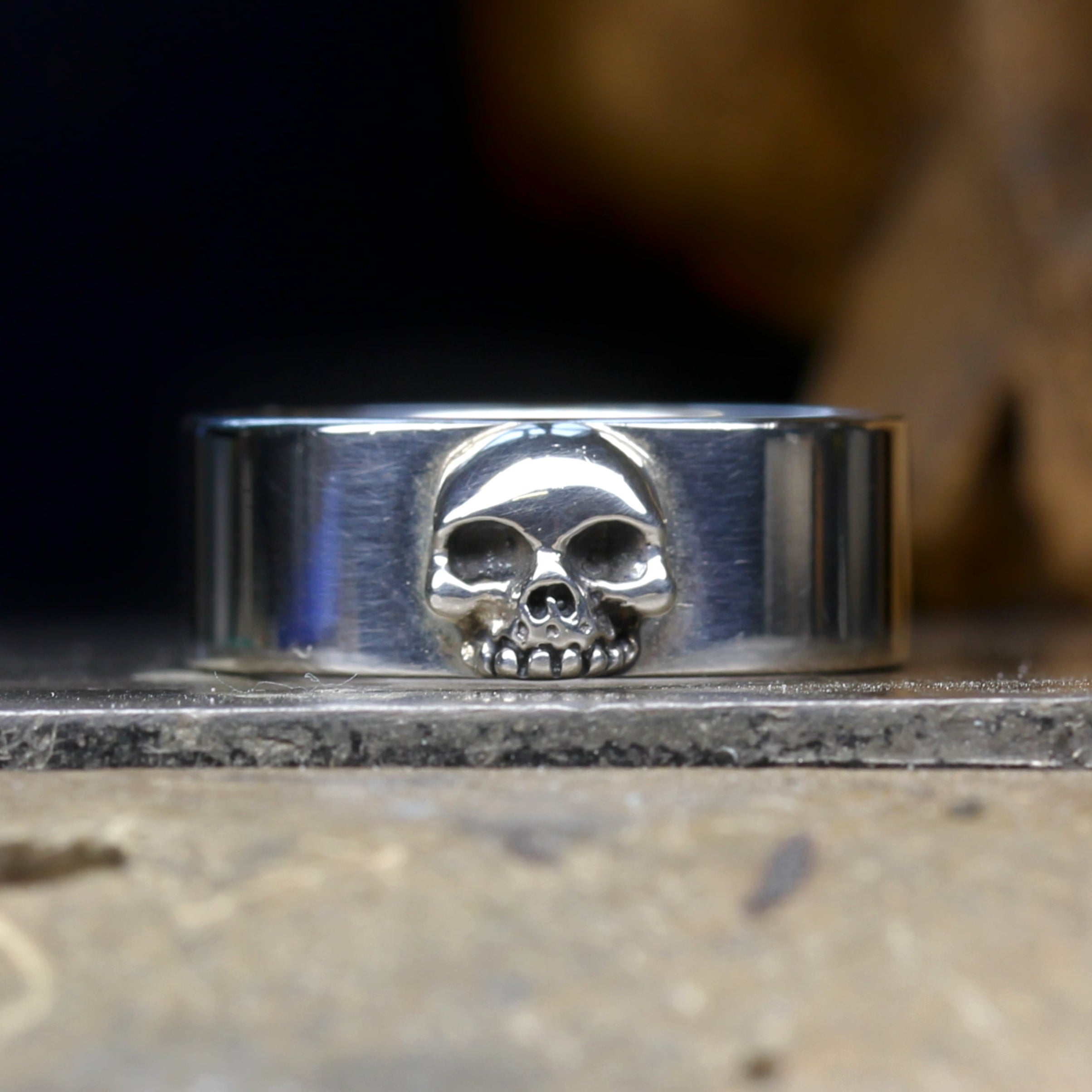 Men's Silver Skull Wedding Ring. Flat Band with Skull in centre