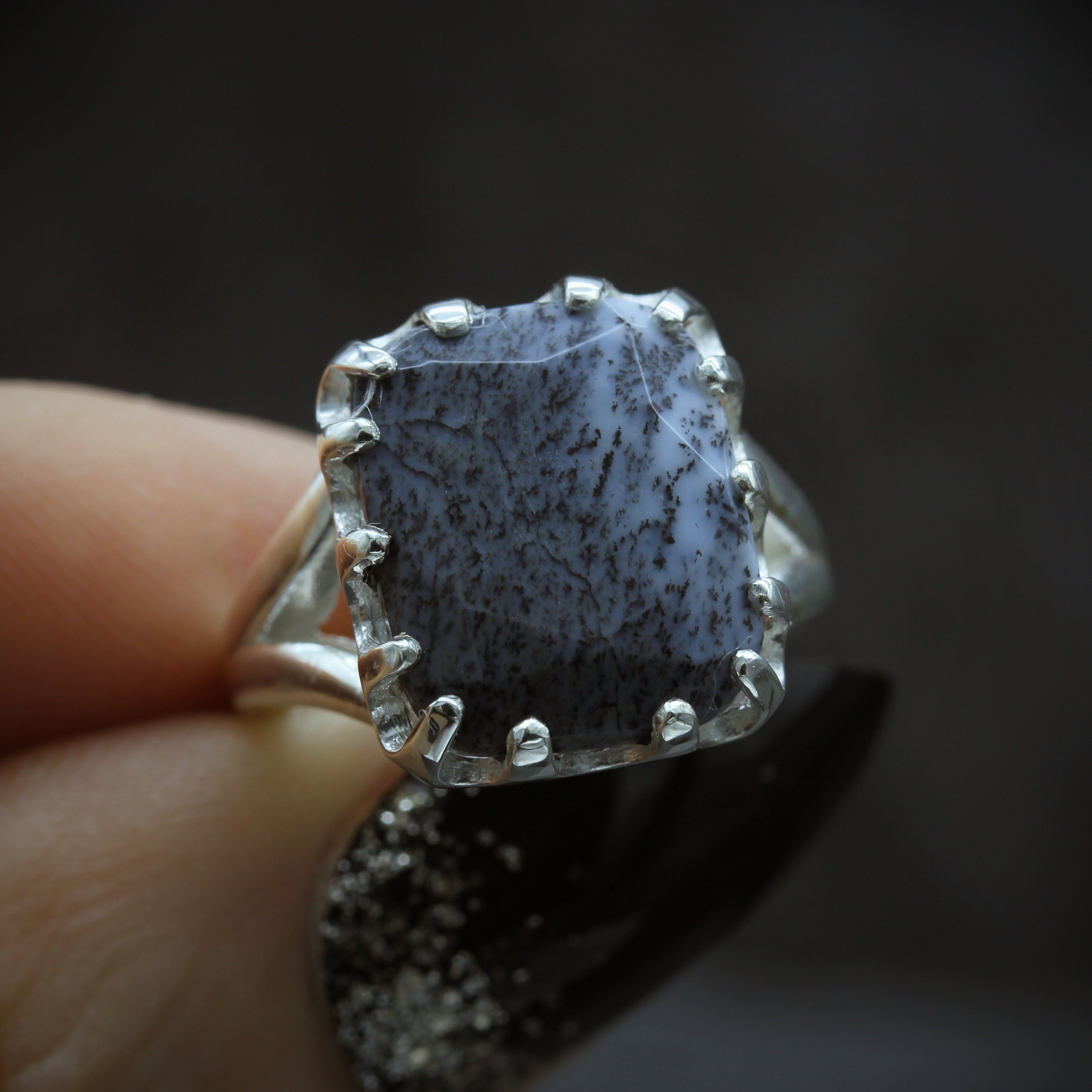 Dendritic Opal set on a silver ring, dark grey Dendritic Opal