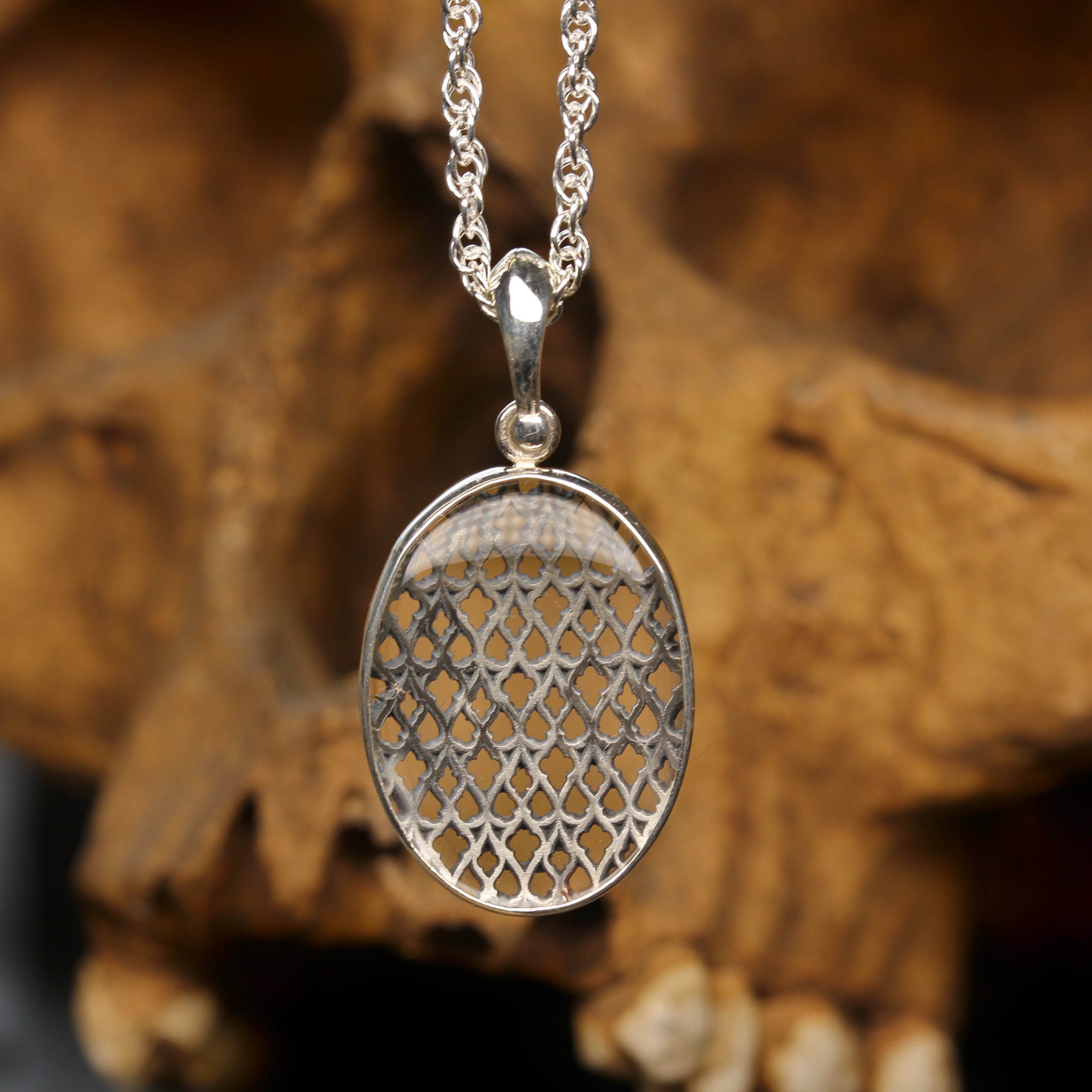 Large Gothic Oval Clear Quartz Necklace, church tracery back