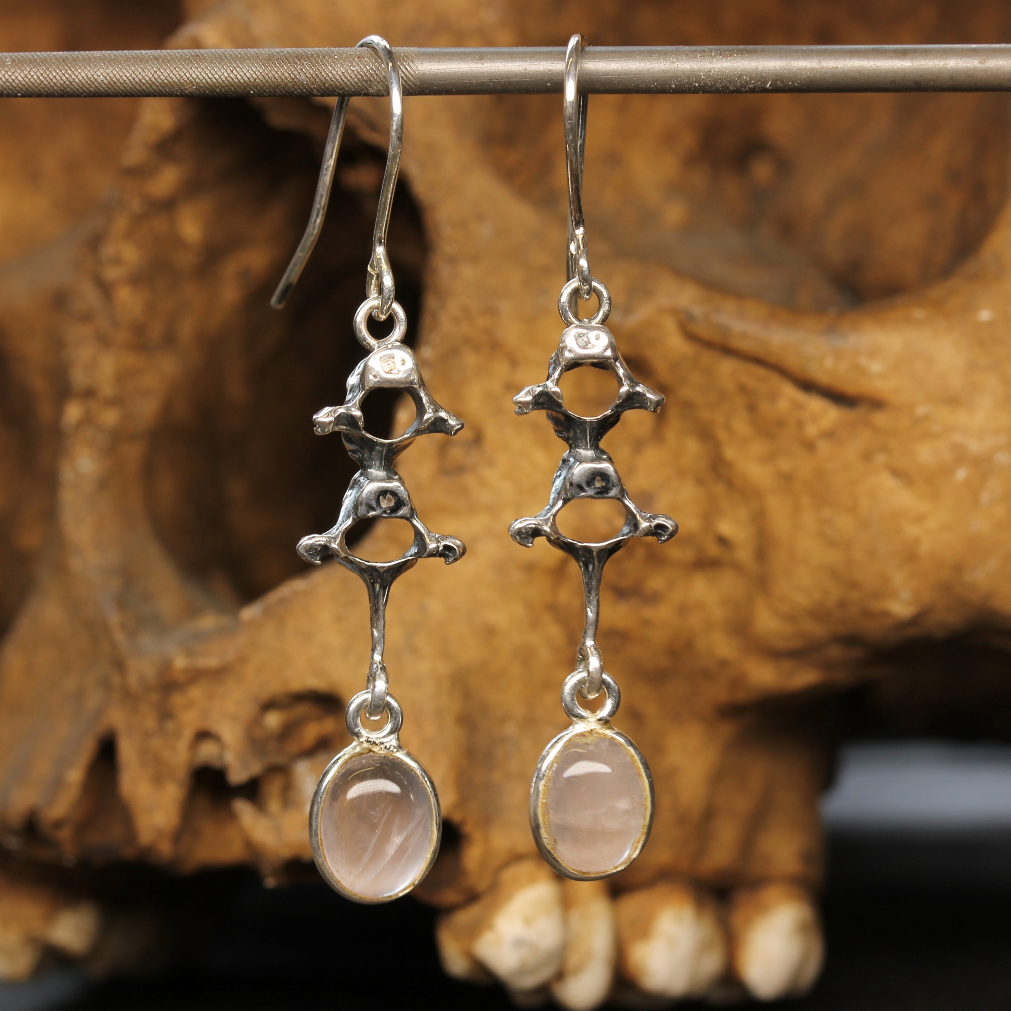 Silver Vertebrae Earrings with Rose Quartz Pendant