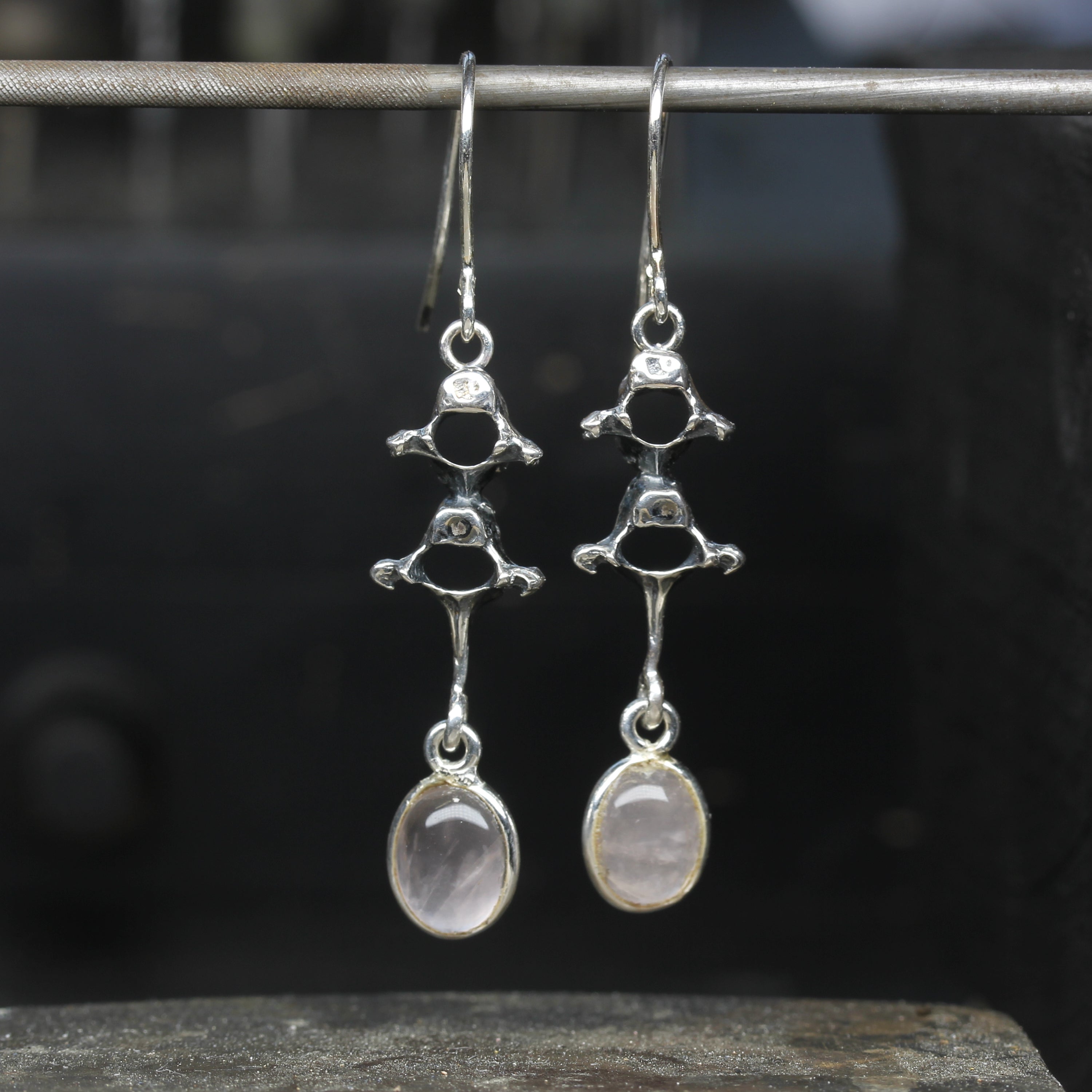 Silver Vertebrae Earrings with Rose Quartz Pendant