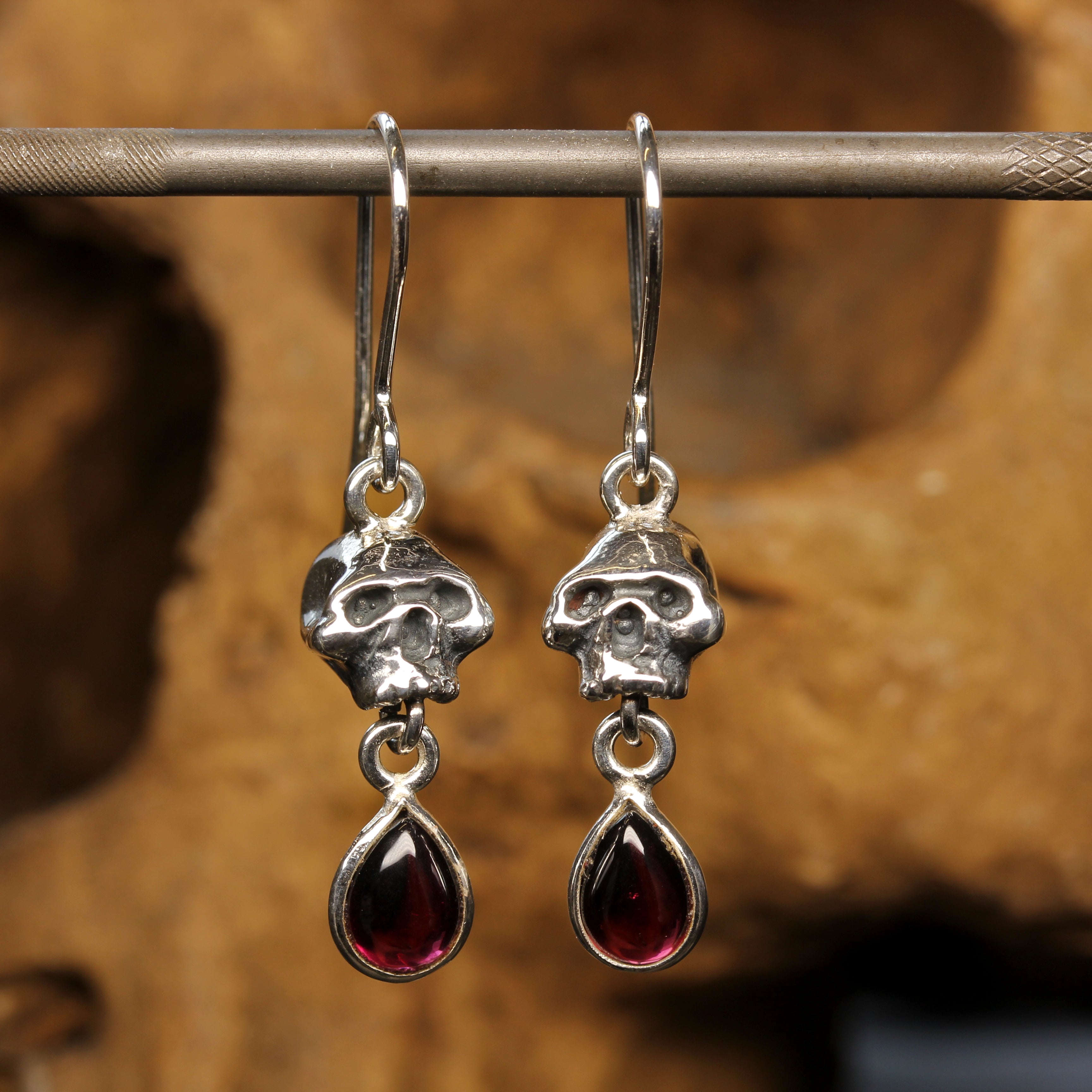Silver Skull Earrings with Garnet Pendant Gothic Jewellery